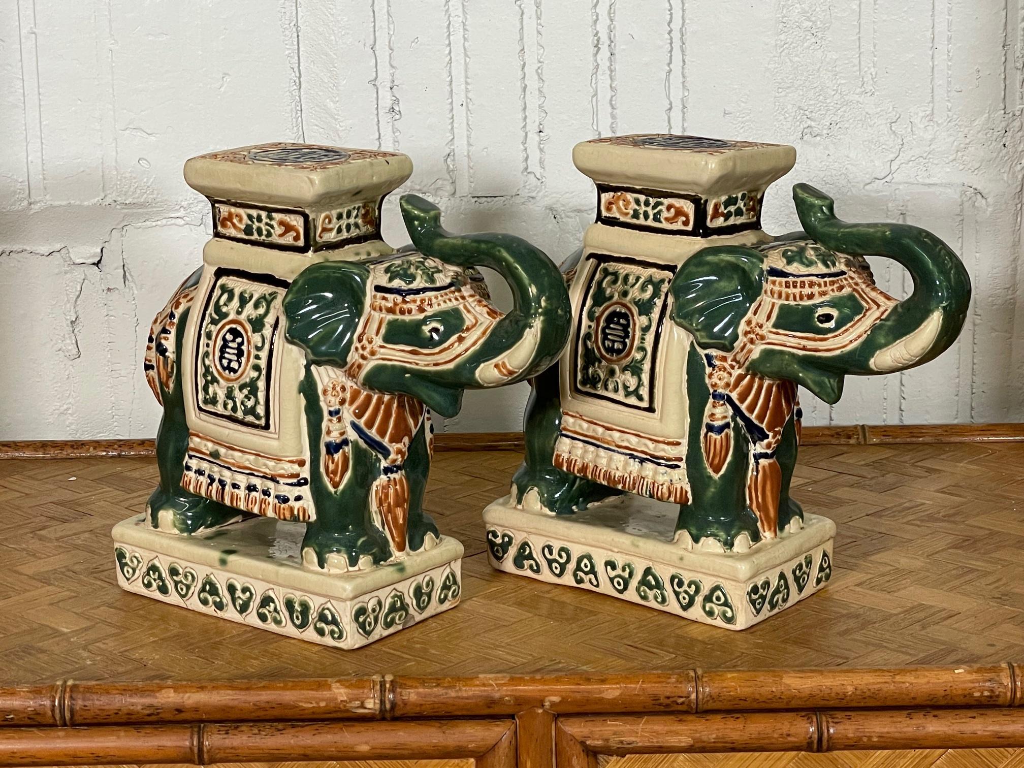 Hollywood Regency Ceramic Chinoiserie Elephant Garden Stool Bookends, a Pair For Sale