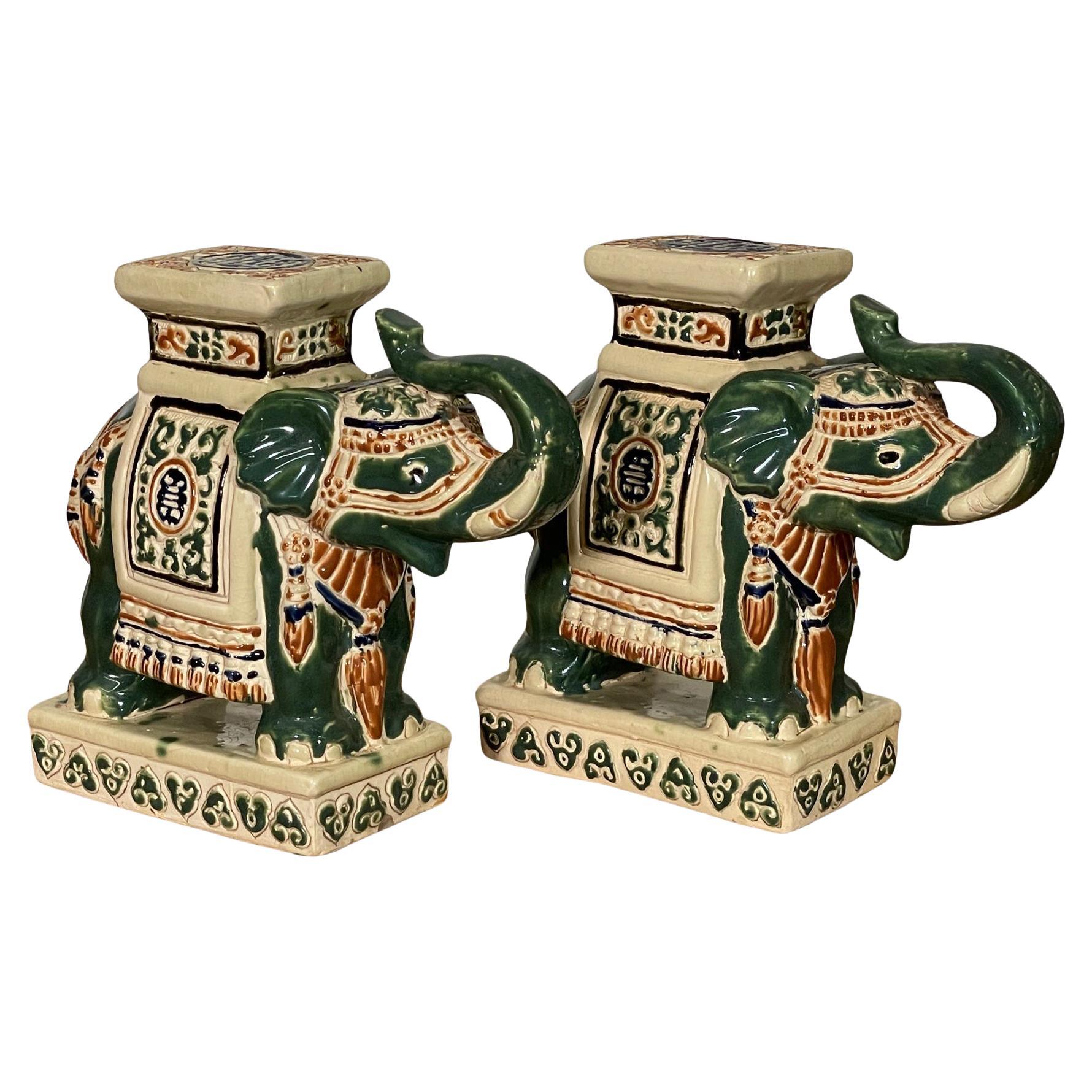 Ceramic Chinoiserie Elephant Garden Stool Bookends, a Pair For Sale