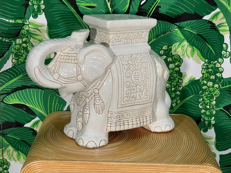 Ceramic Chinoiserie Elephant Garden Stool with Trunk Up For Sale at 1stDibs