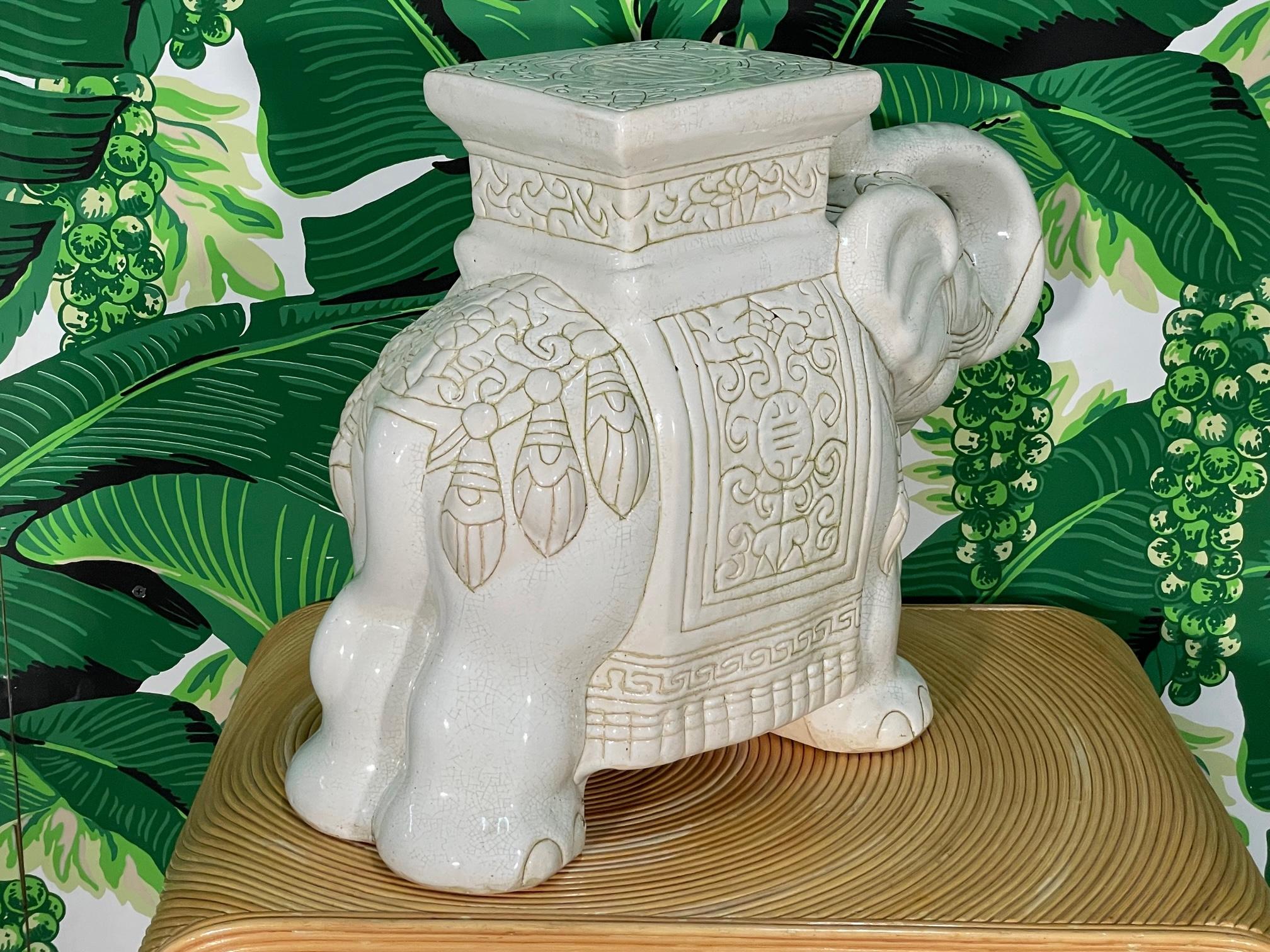 Ceramic Chinoiserie Elephant Garden Stool With Trunk Up In Good Condition For Sale In Jacksonville, FL
