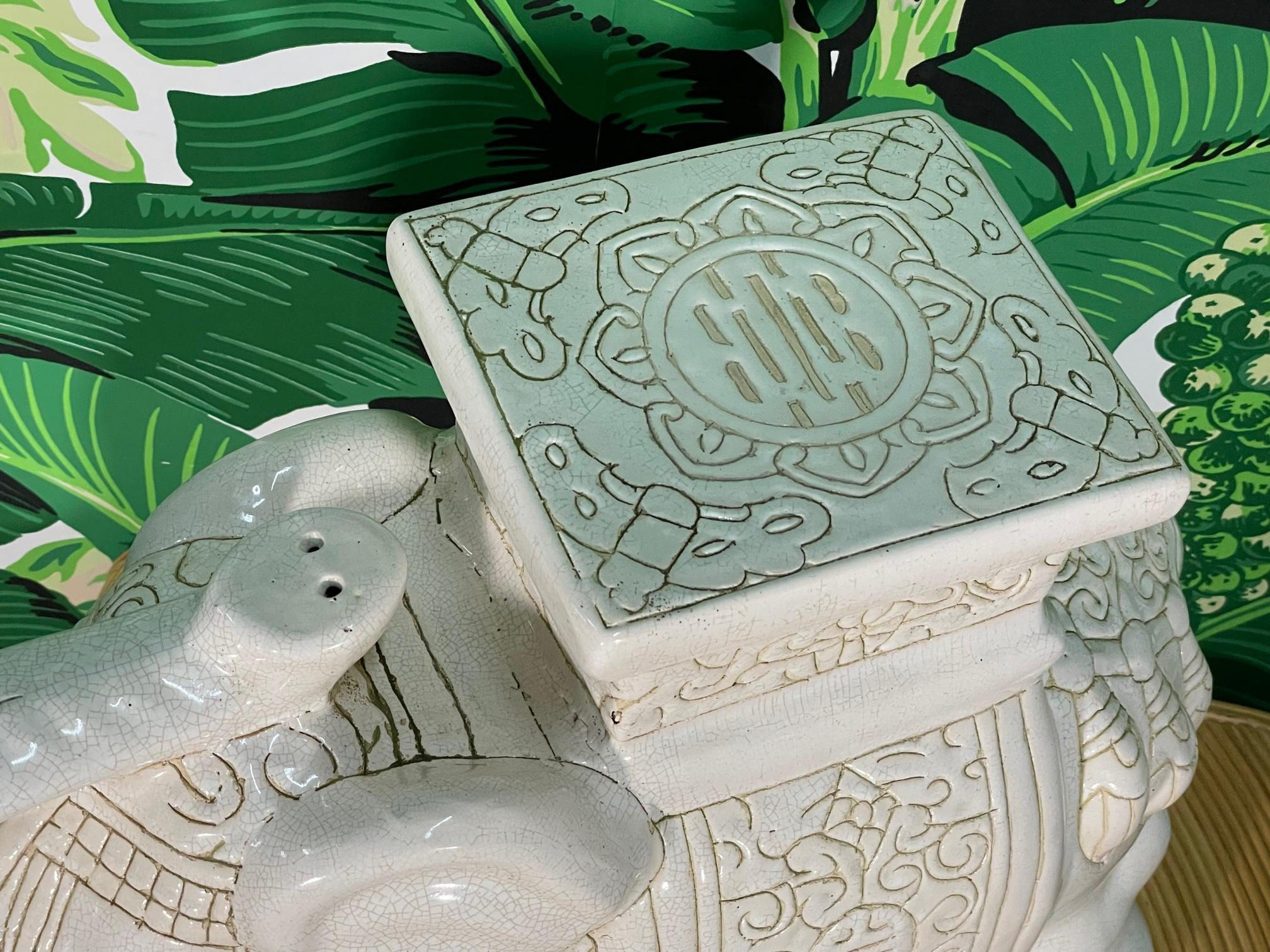 Ceramic Chinoiserie Elephant Garden Stool With Trunk Up For Sale 2