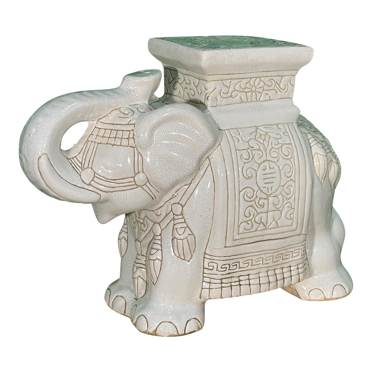 Ceramic Chinoiserie Elephant Garden Stool With Trunk Up For Sale