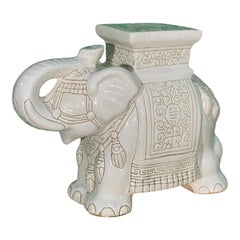 Vintage Ceramic Chinoiserie Elephant Garden Stool With Trunk Up