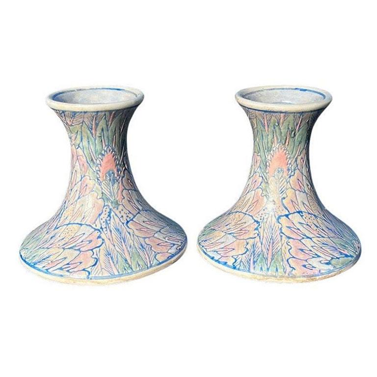 Ceramic Chinoiserie Flame Stitch Candle Stick Holders - A Pair 2