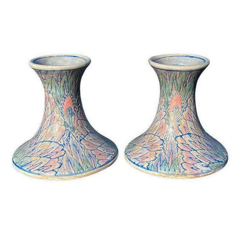 Ceramic Chinoiserie Flame Stitch Candle Stick Holders - A Pair 3