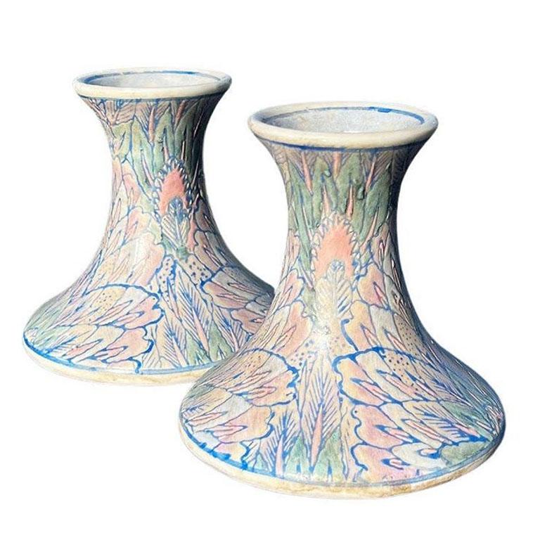 Ceramic Chinoiserie Flame Stitch Candle Stick Holders - A Pair 4