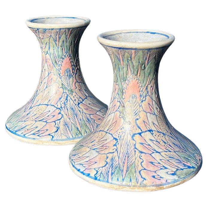 Ceramic Chinoiserie Flame Stitch Candle Stick Holders - A Pair