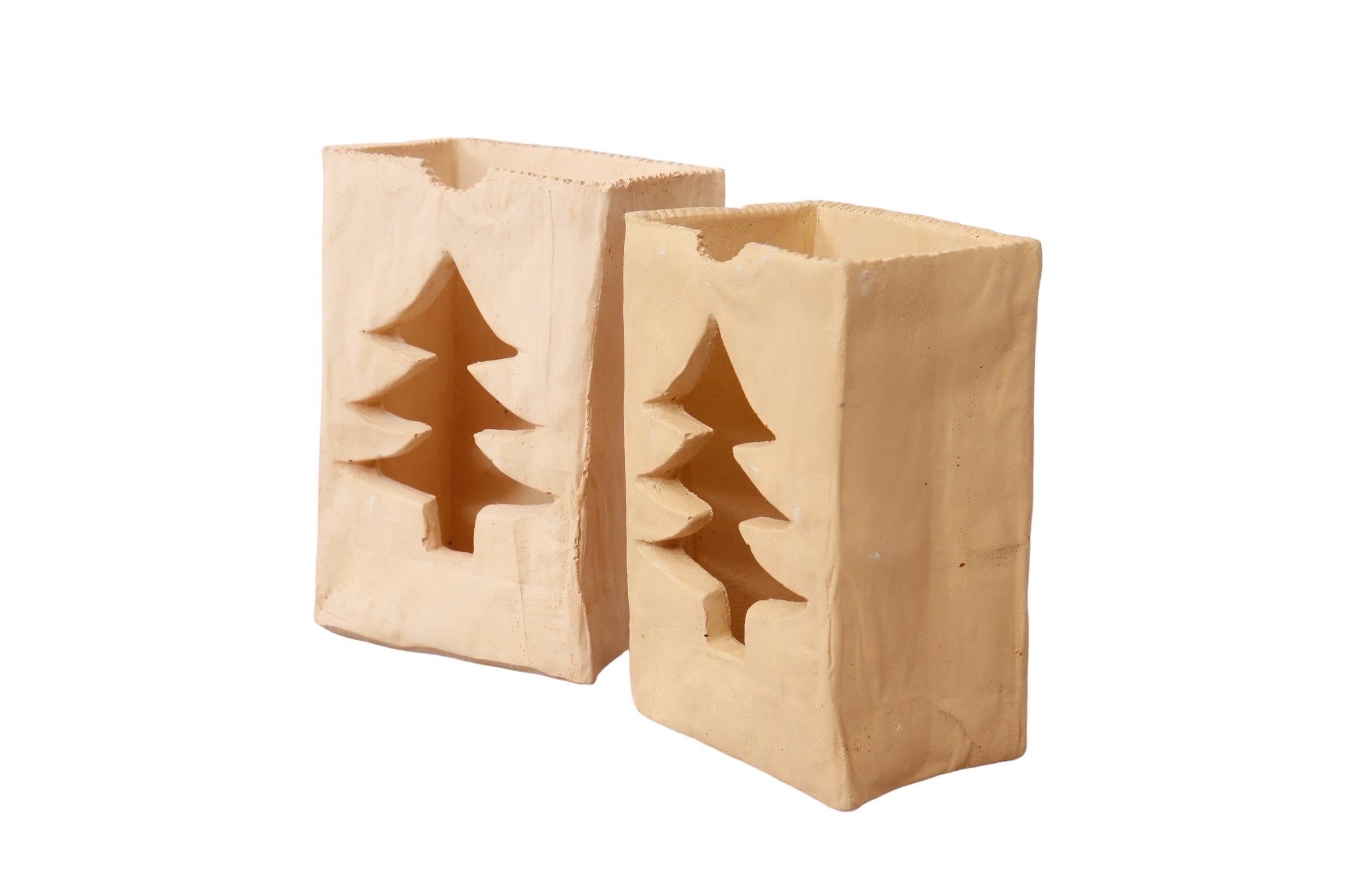 Ceramic Christmas Paper Bag Candle Holders - a Pair In Good Condition For Sale In Bradenton, FL