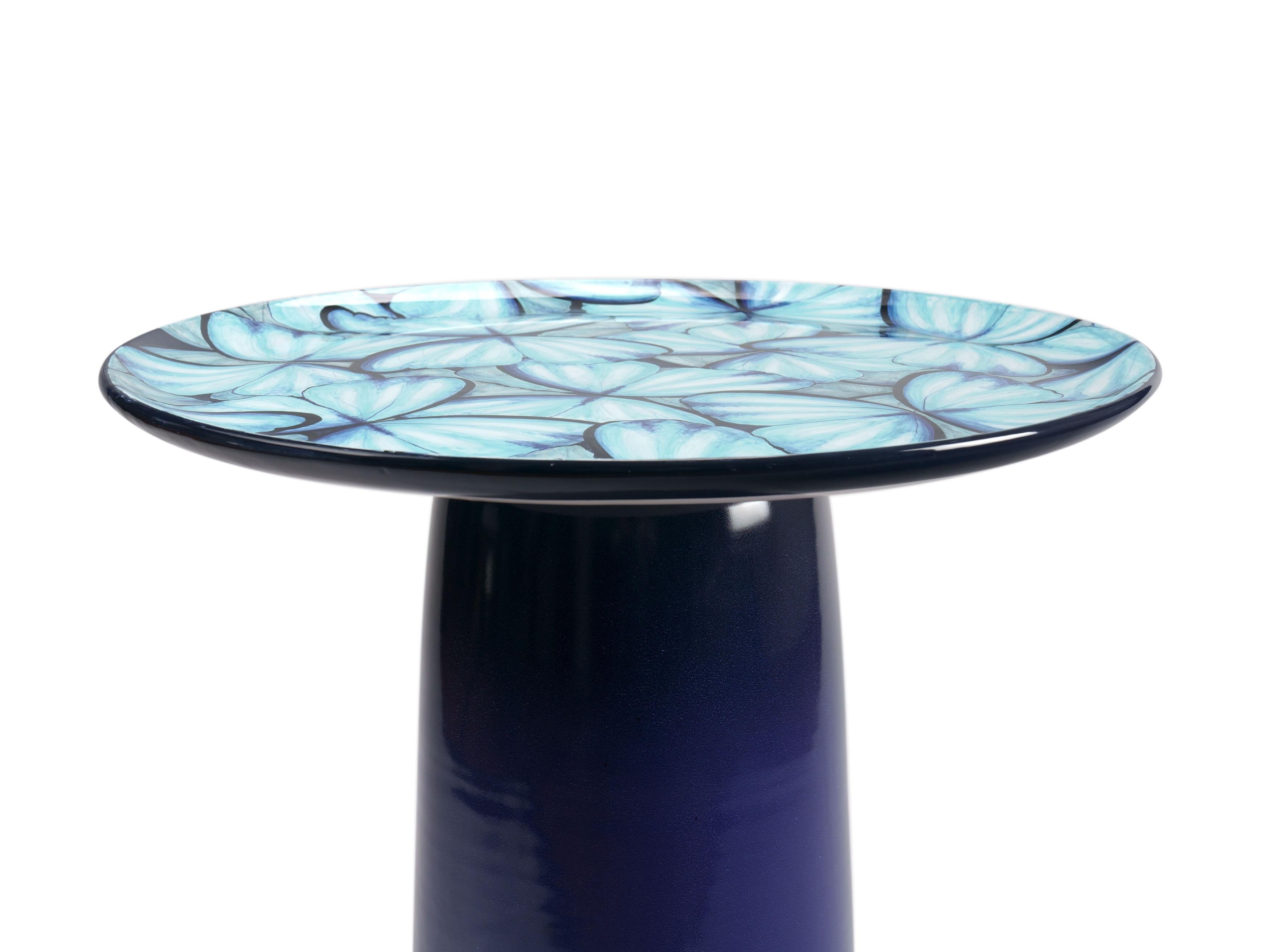 Ceramic Circle Side Table Light Blue Color Butterflies Hand Painted Majolica For Sale 5