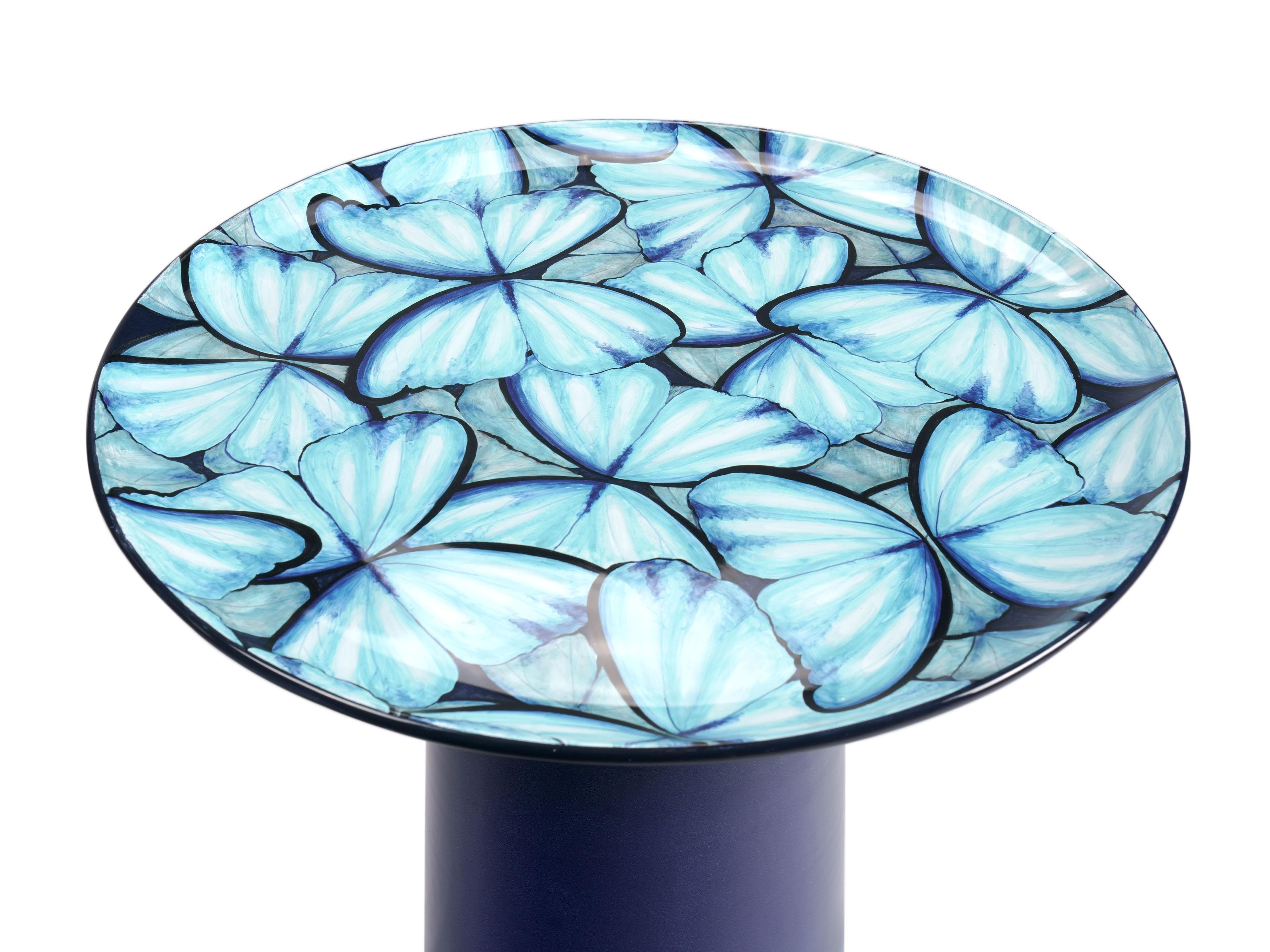Modern Ceramic Circle Side Table Light Blue Color Butterflies Hand Painted Majolica For Sale