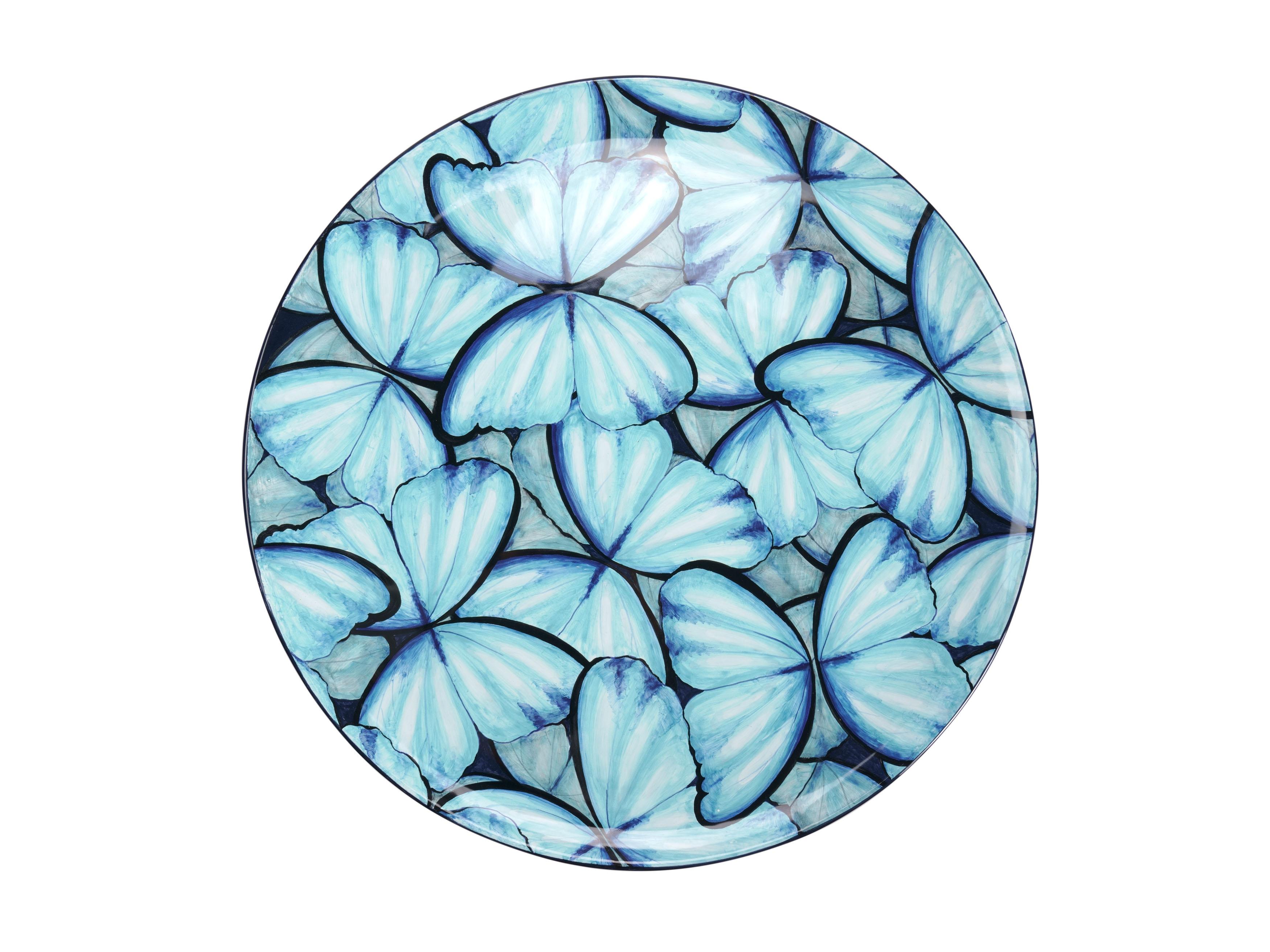 Italian Ceramic Circle Side Table Light Blue Color Butterflies Hand Painted Majolica For Sale