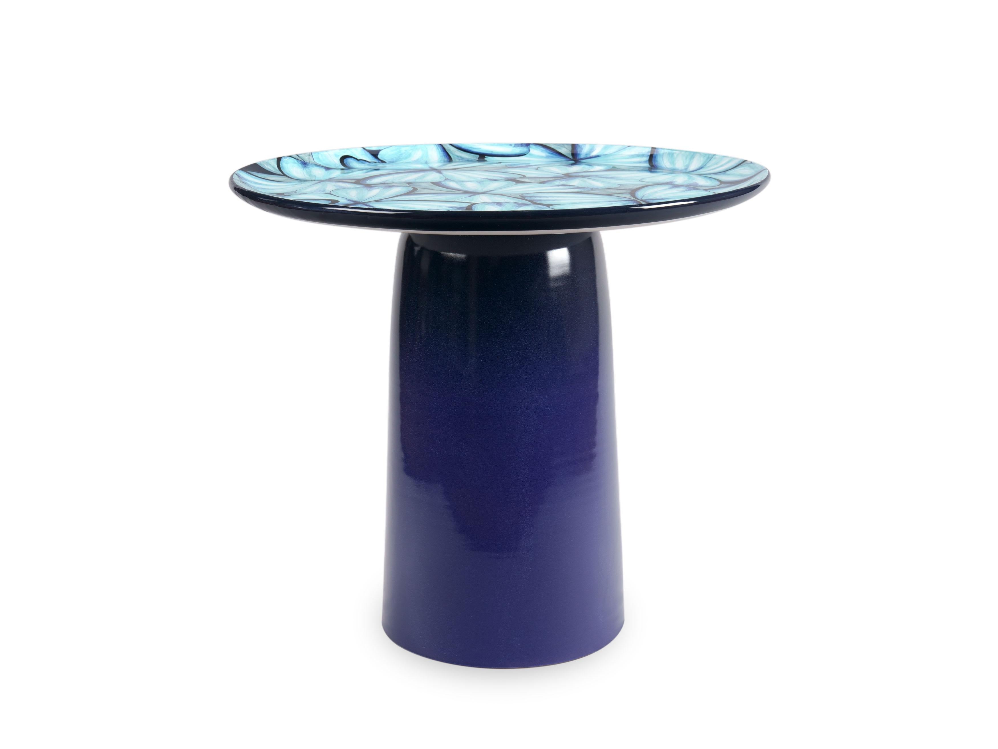 Hand-Crafted Ceramic Circle Side Table Light Blue Color Butterflies Hand Painted Majolica For Sale