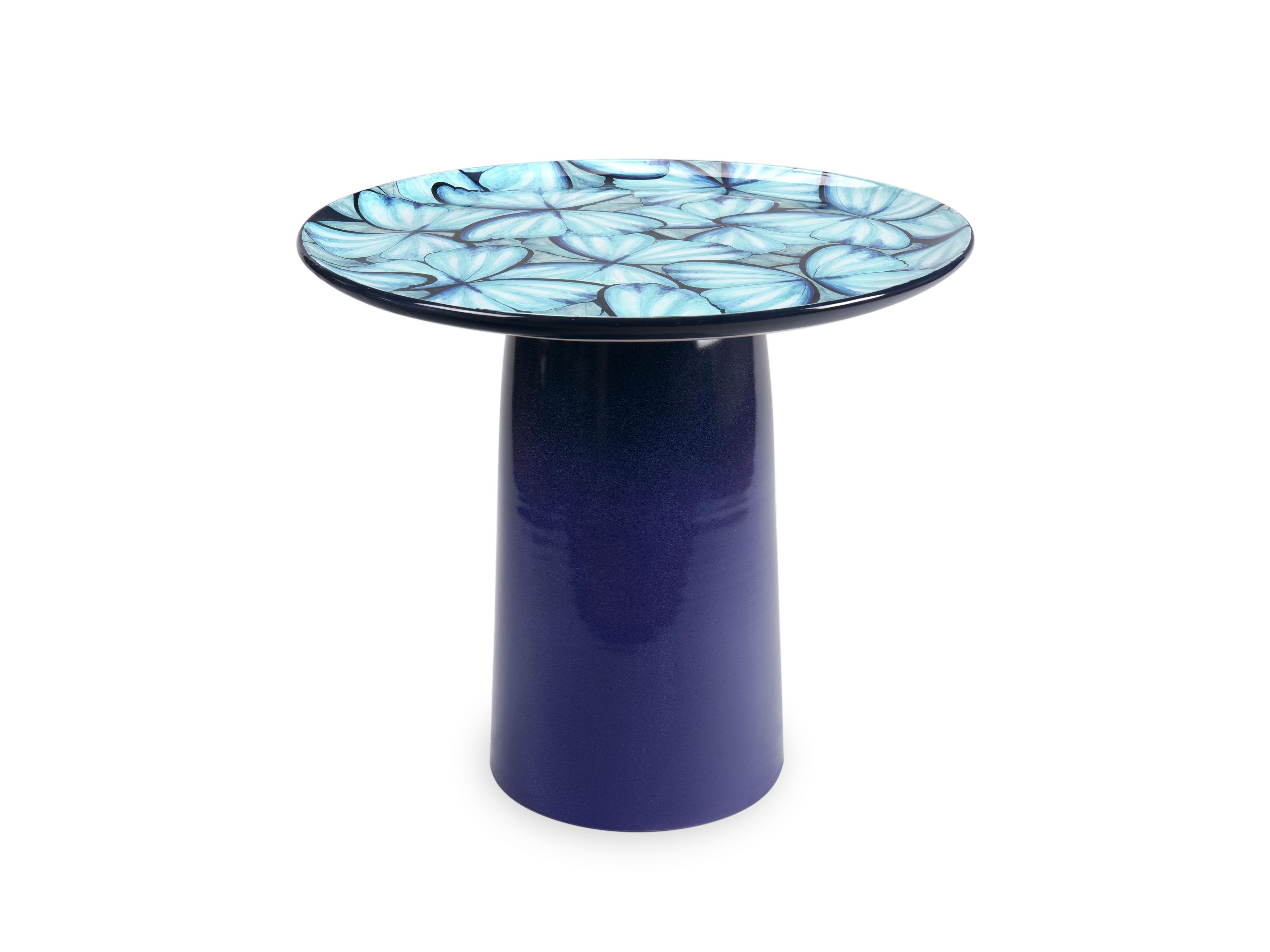 Ceramic Circle Side Table Light Blue Color Butterflies Hand Painted Majolica In New Condition For Sale In Recanati, IT