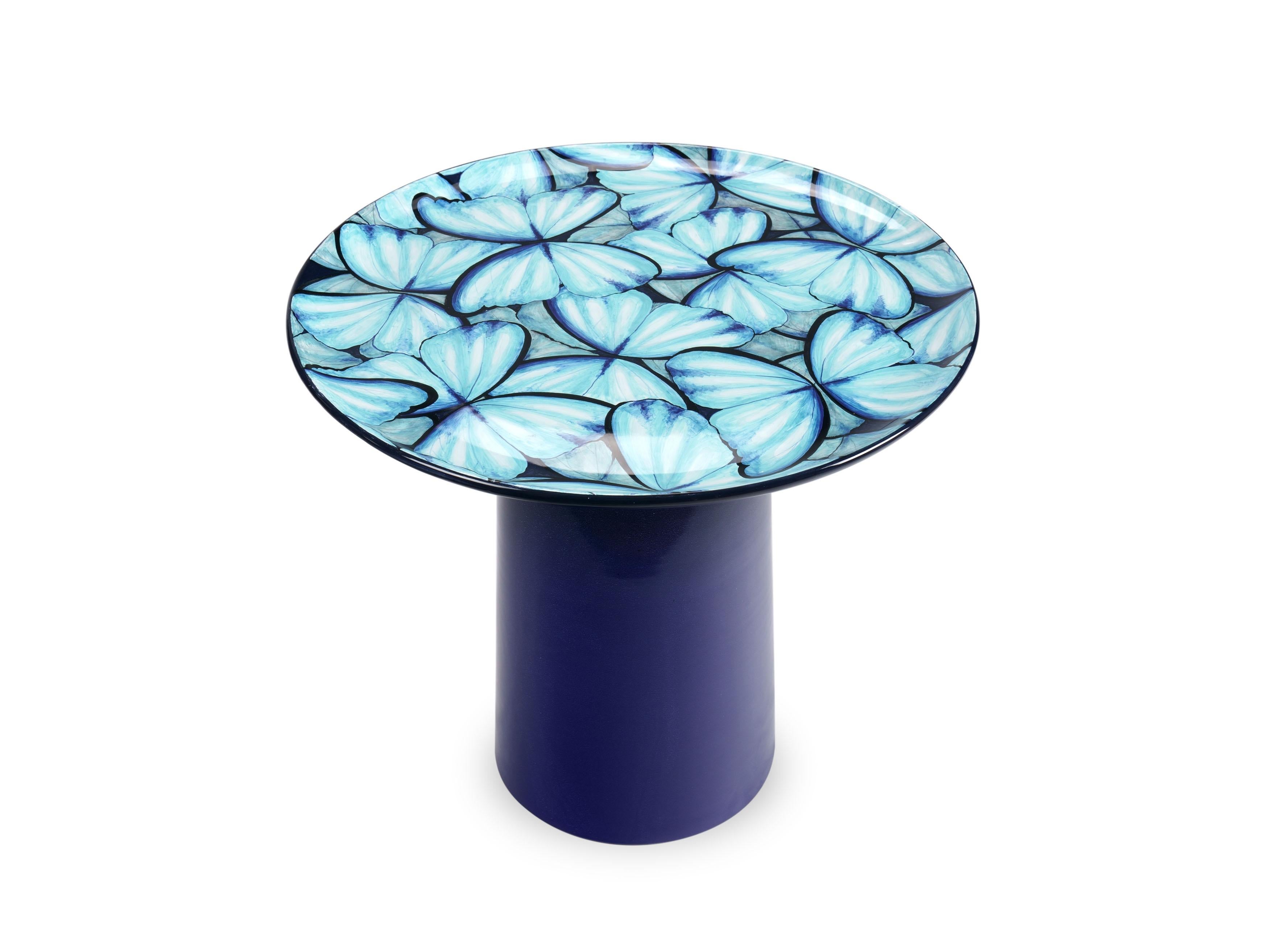 Contemporary Ceramic Circle Side Table Light Blue Color Butterflies Hand Painted Majolica For Sale