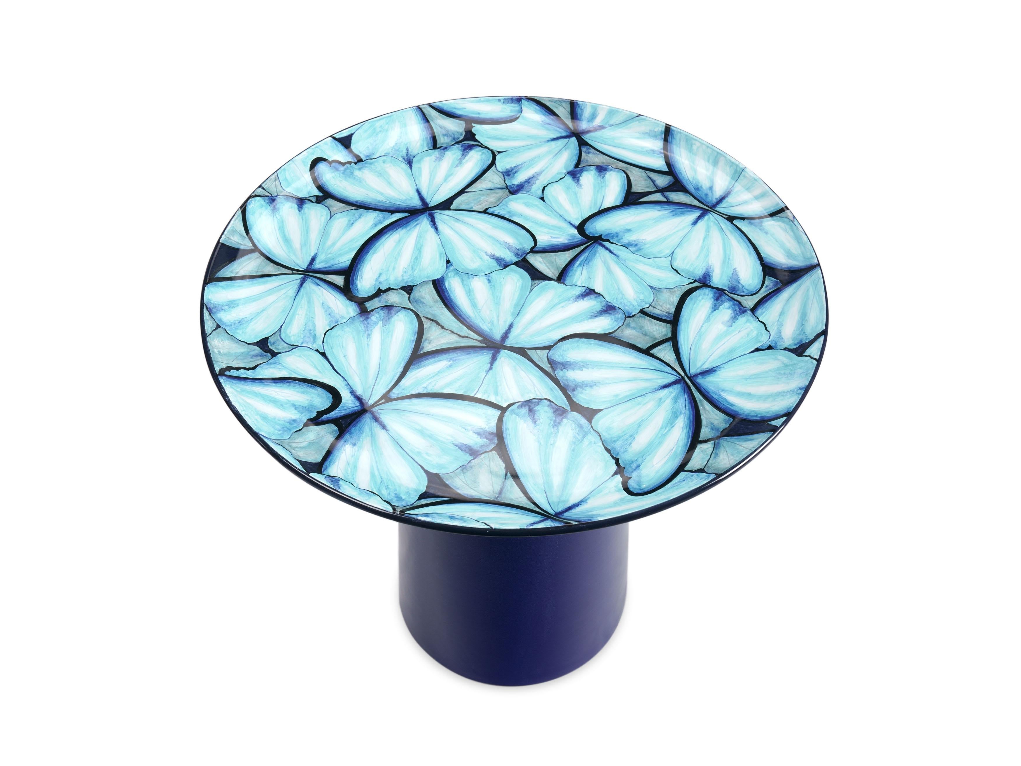 Ceramic Circle Side Table Light Blue Color Butterflies Hand Painted Majolica For Sale 1