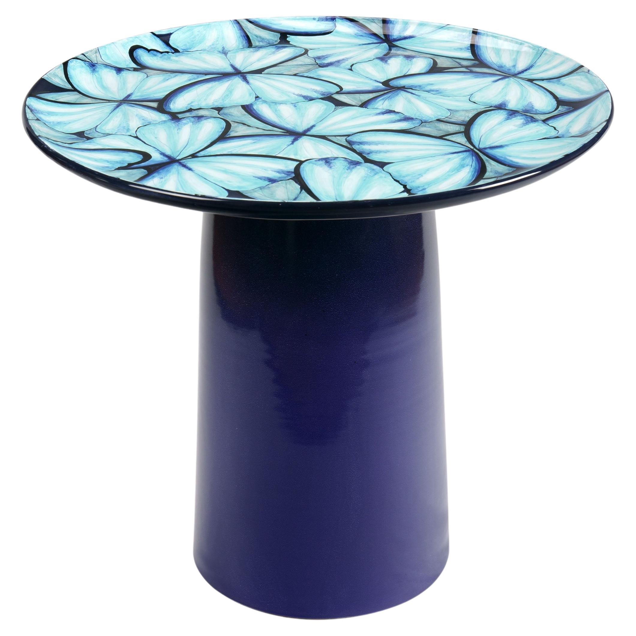 Ceramic Circle Side Table Light Blue Color Butterflies Hand Painted Majolica