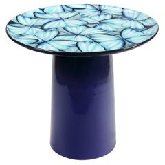 Ceramic Circle Side Table Light Blue Color Butterflies Hand Painted Majolica