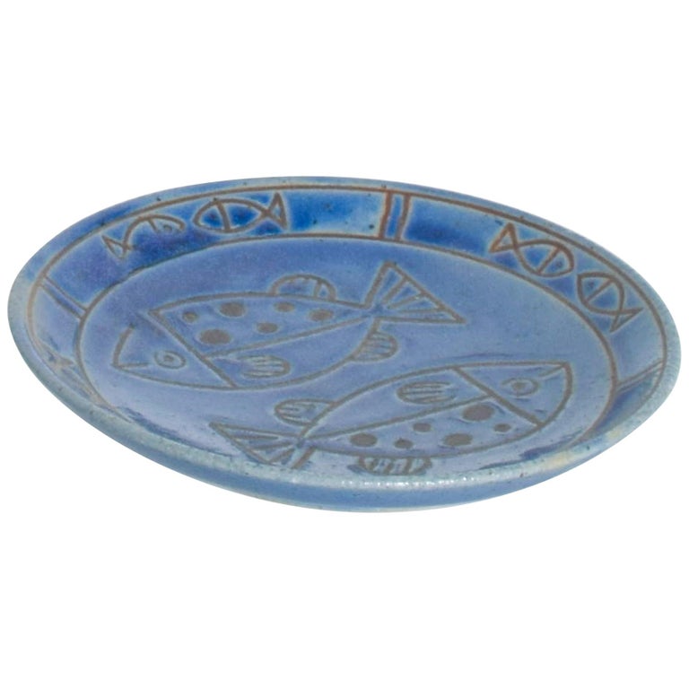 Ceramic Cobalt Blue Etched Christian Fish Plate Pisces Decorative Display Dish For Sale