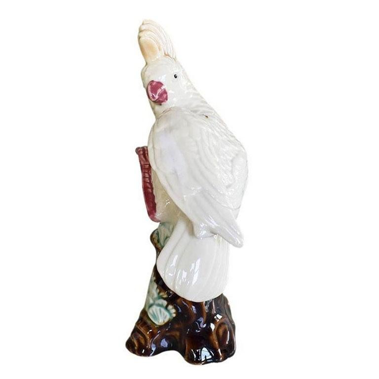 Mid-Century Modern Ceramic Cockatoo Bird Figurine in Cream with Pink and Yellow