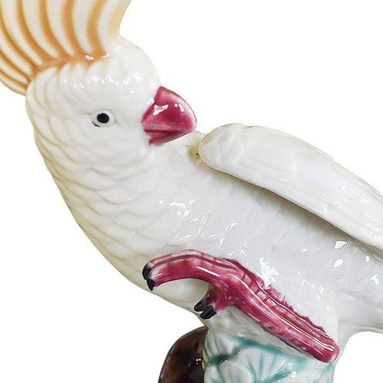 Glazed Ceramic Cockatoo Bird Figurine in Cream with Pink and Yellow