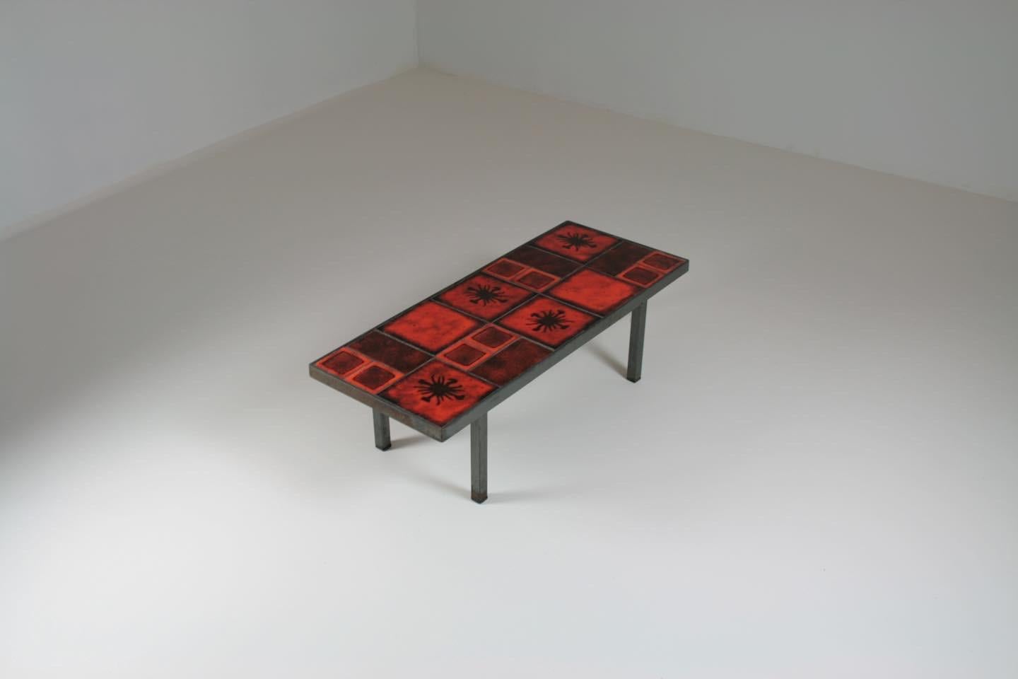 Mid-Century Modern Ceramic Coffee Table and Metal Legs, France, 1950s For Sale