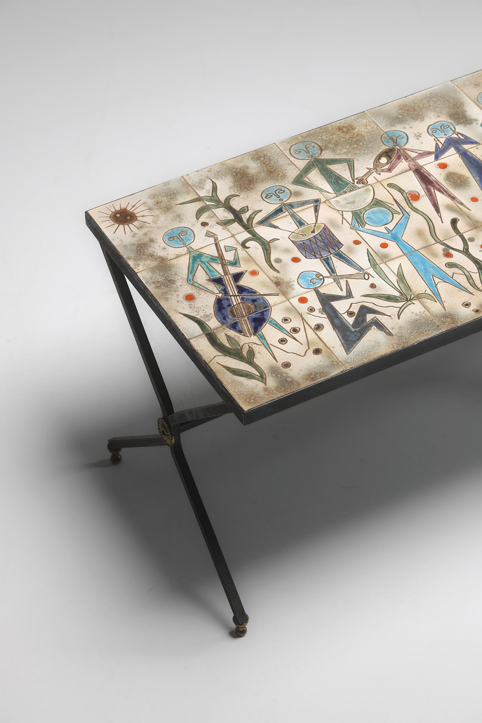 Metal Ceramic Coffee Table by Charles Emile Pinson, 1958
