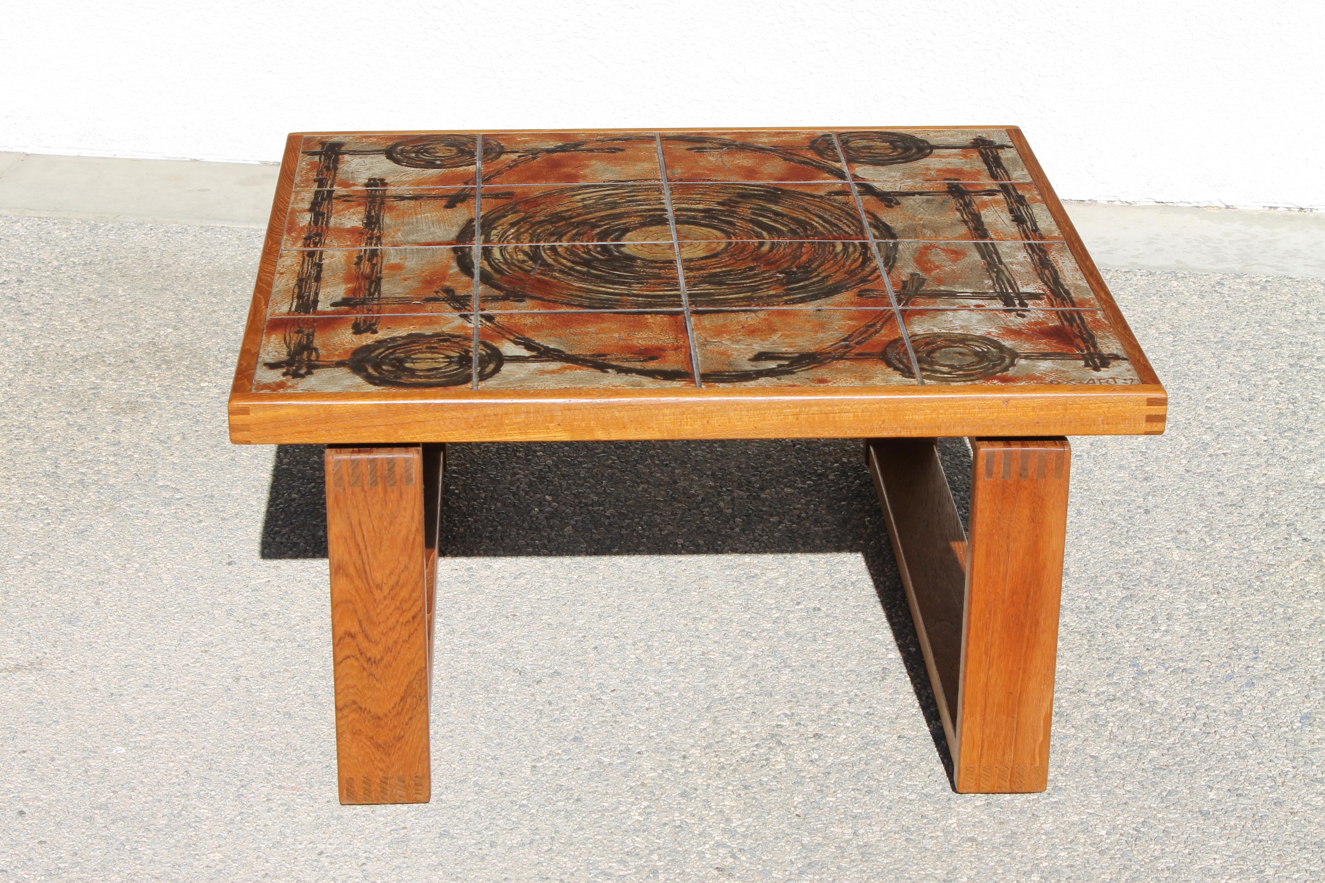 Ceramic and teak coffee table by Ox Art and dated 73. Table is square shaped and measures 33.5