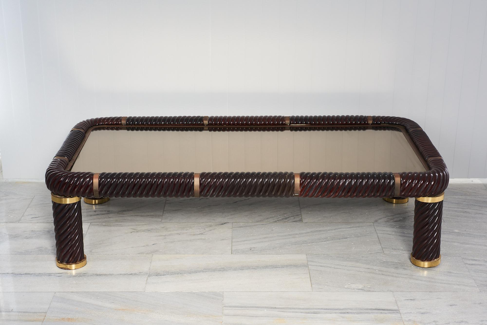 Ceramic coffee table by Tommaso Barbi
Brass mounts and smoked mirrored glass top, Italy 1970s.