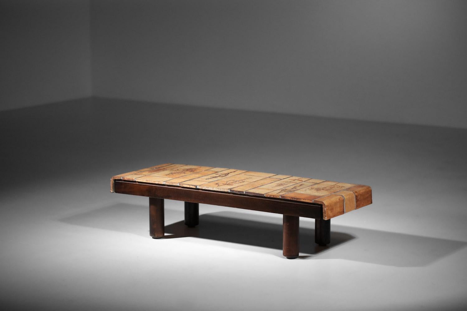 Table basse rectangulaire vallauris française Roger Capron herbier Bon état - En vente à Ternay, Auvergne-Rhône-Alpes
