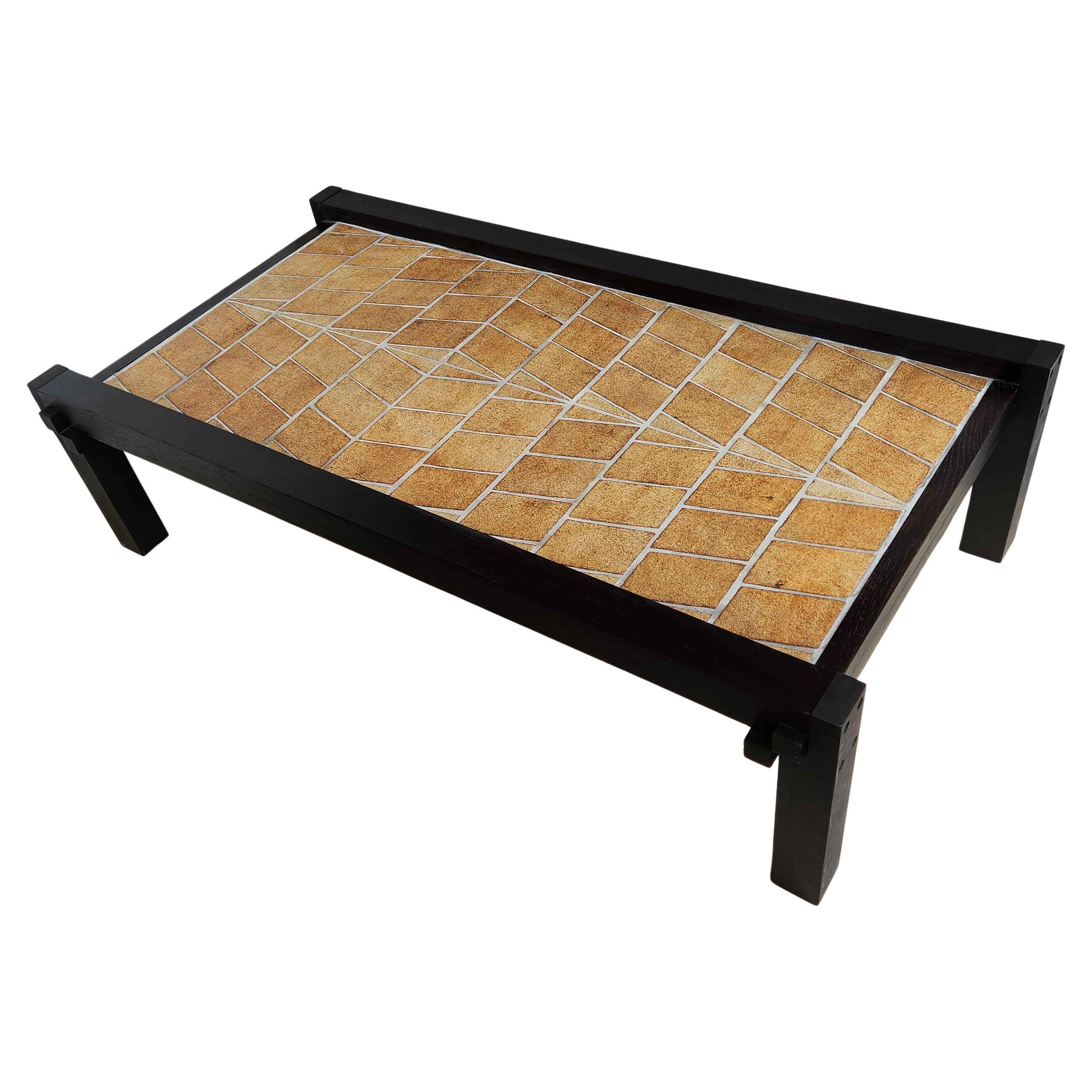 Roger Capron - Ceramic Coffee Table, Terra Cotta Tiles with a Sunken Wood Frame  For Sale