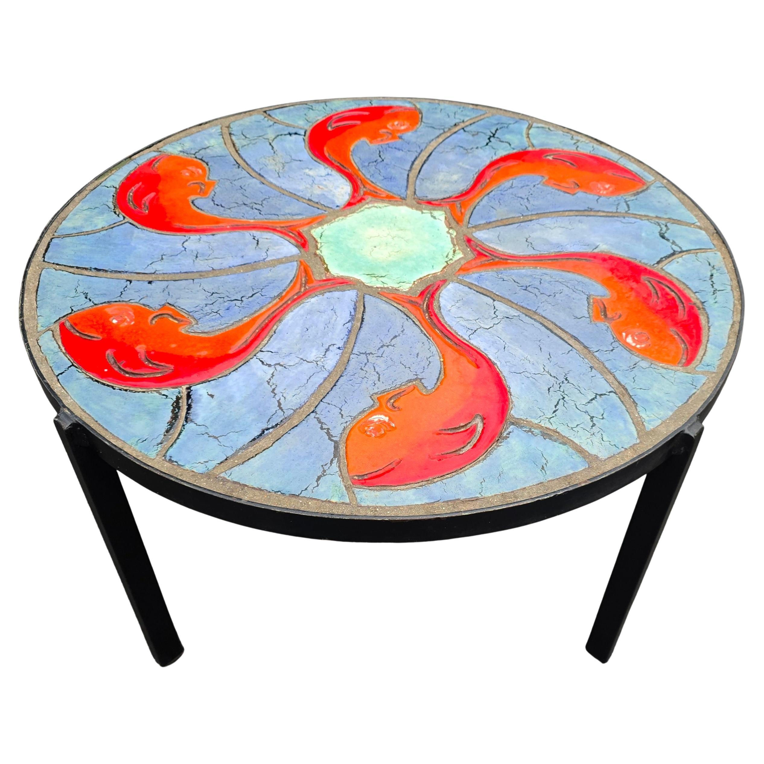 Ceramic Coffee Table with Stylized Fish Motif, Europe, circa 1950s–1960s For Sale