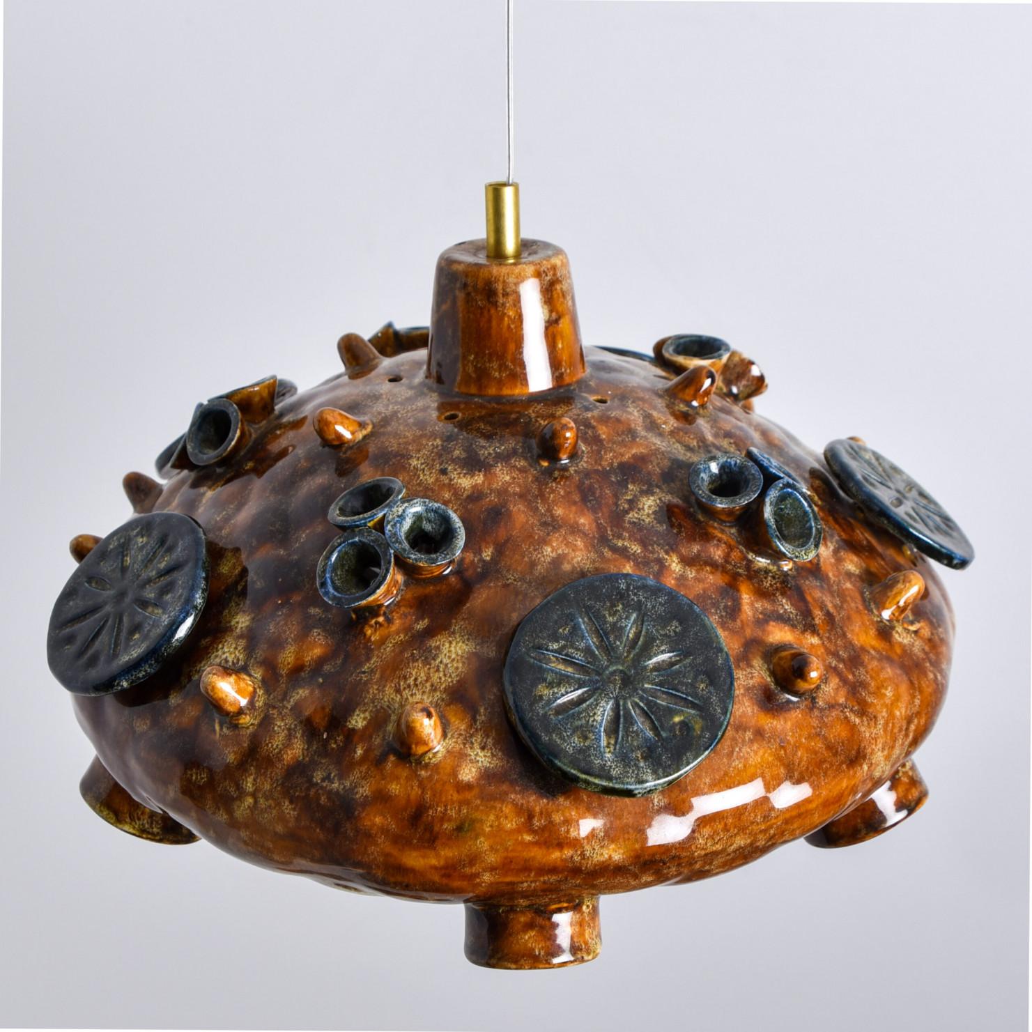 Ceramic Cognac Blue Ceramic Pendant Light, Denmark, 1970 For Sale 8