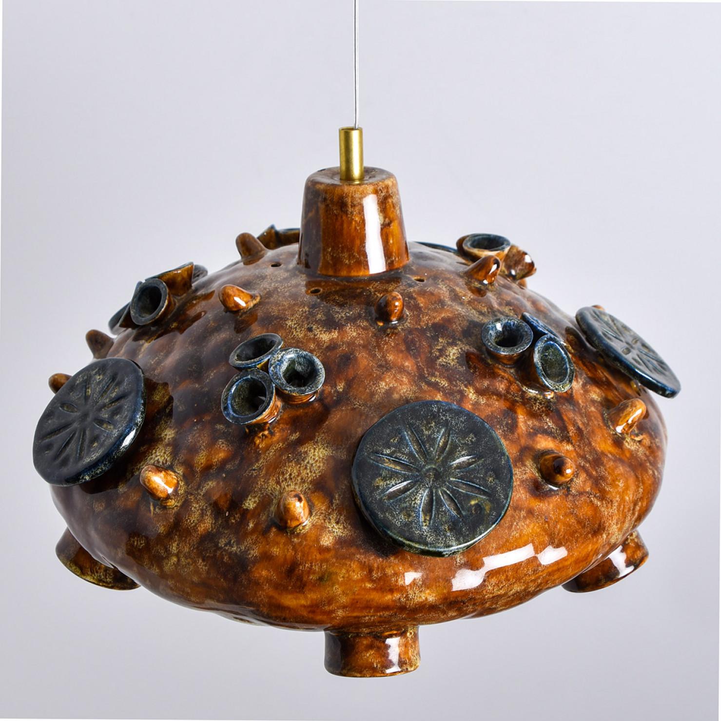 Other Ceramic Cognac Blue Ceramic Pendant Light, Denmark, 1970 For Sale