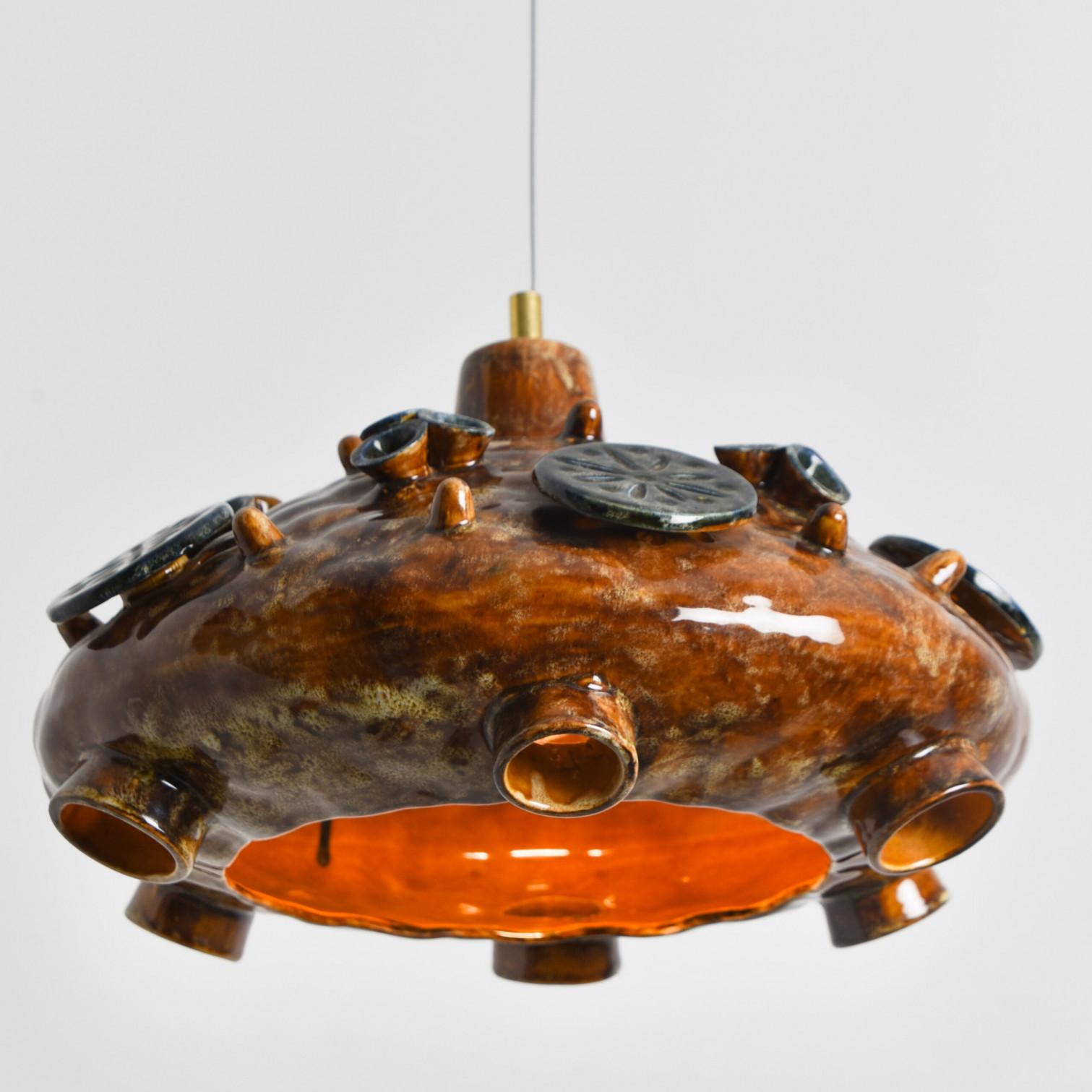 Danish Ceramic Cognac Blue Ceramic Pendant Light, Denmark, 1970 For Sale
