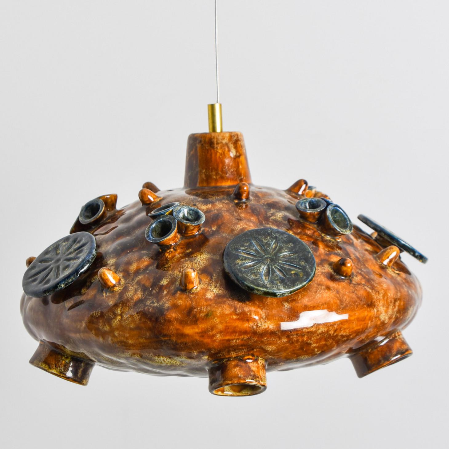 Other Ceramic Cognac Blue Ceramic Pendant Light, Denmark, 1970 For Sale