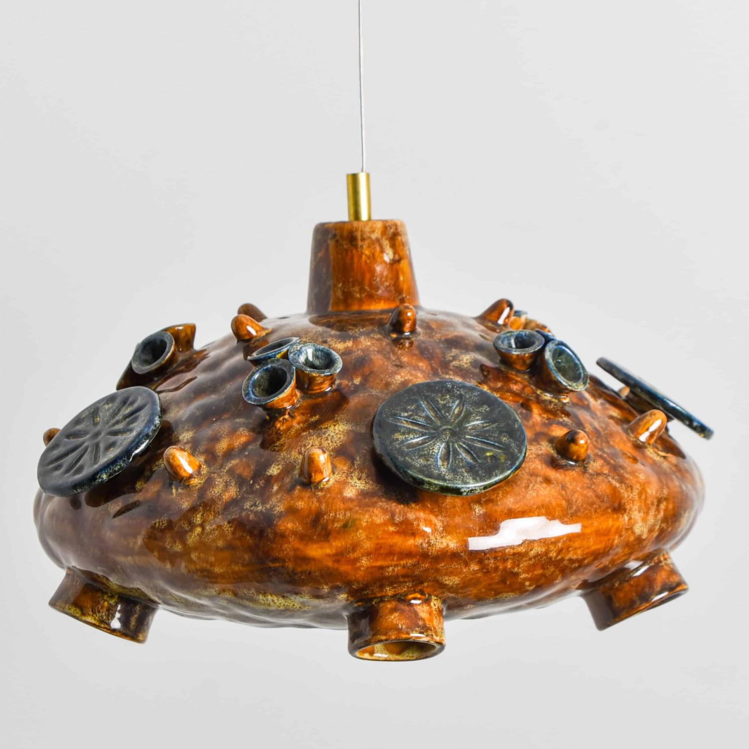 Other Ceramic Cognac Blue Ceramic Pendant Light, Denmark, 1970 For Sale