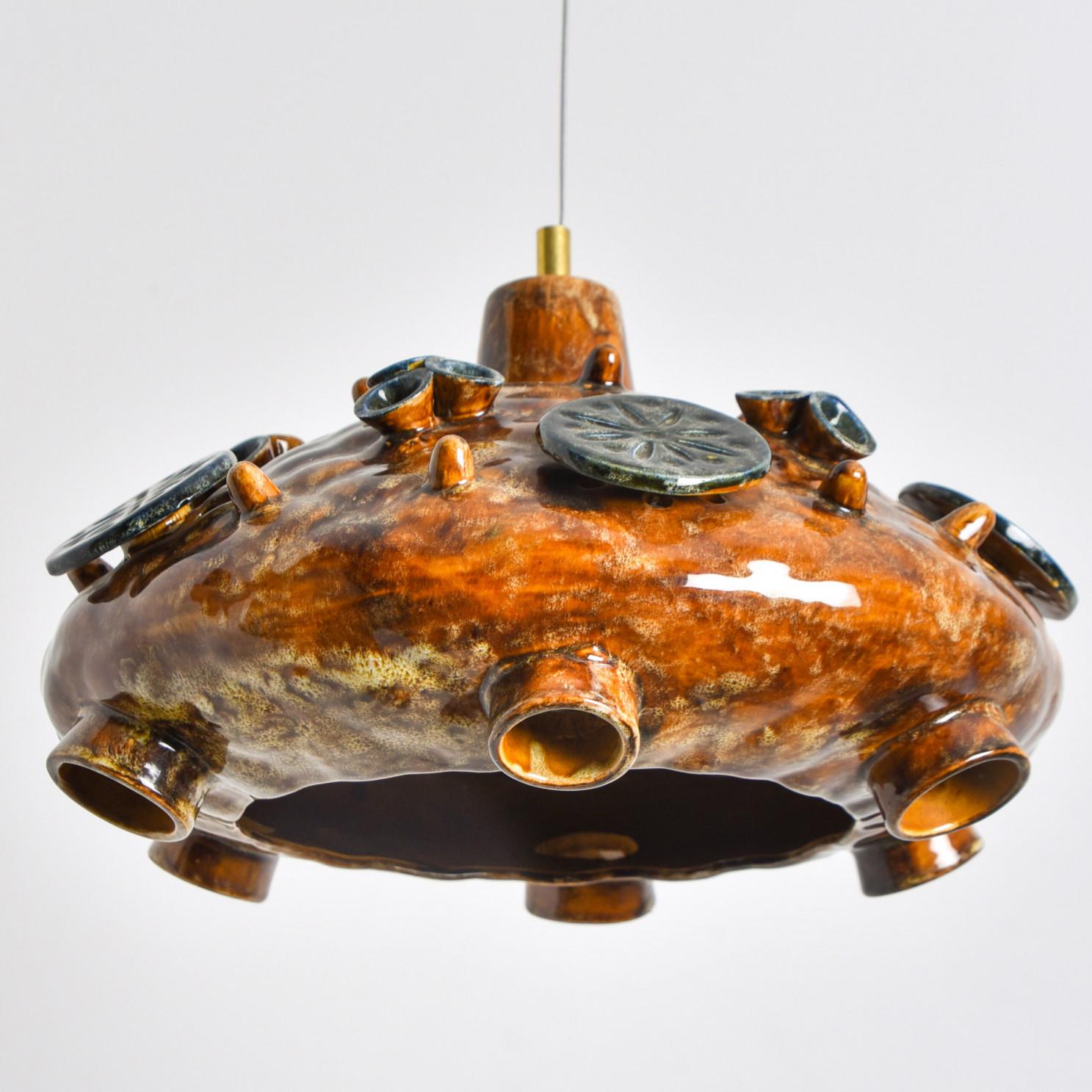 Late 20th Century Ceramic Cognac Blue Ceramic Pendant Light, Denmark, 1970 For Sale