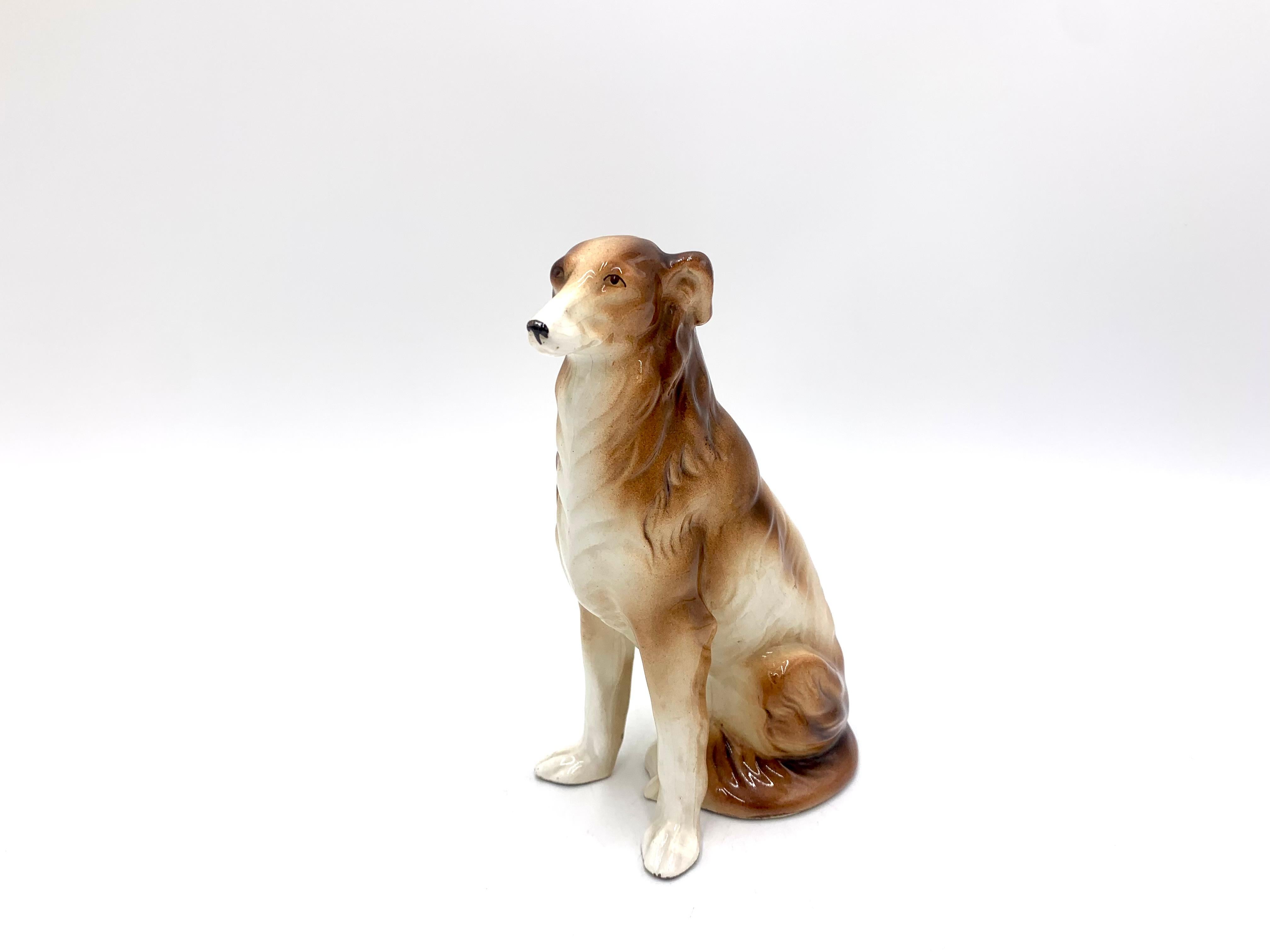 Ceramic figurine of a sitting dog

No signature

Probably the 1960s.

height 17cm, width 10cm, depth 6cm
