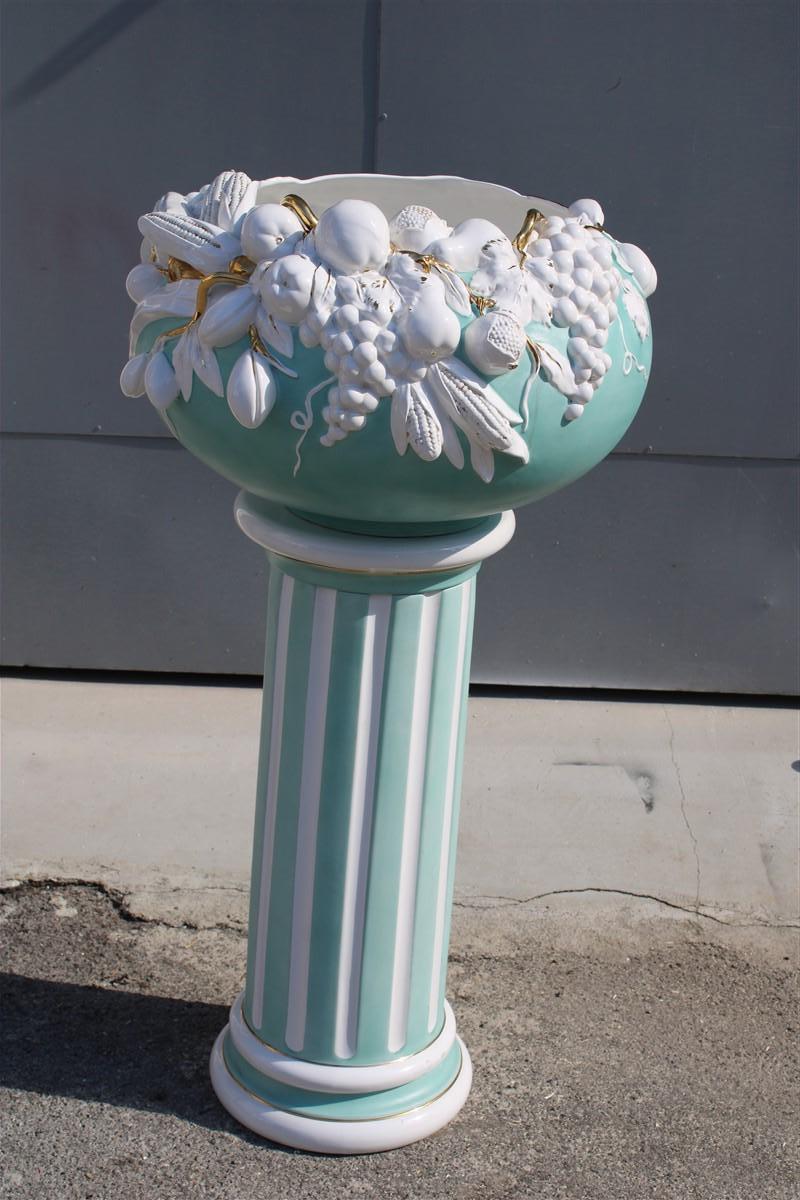 Ceramic column with door plant fruit white green flowers Tommaso Barbi, 1970s.