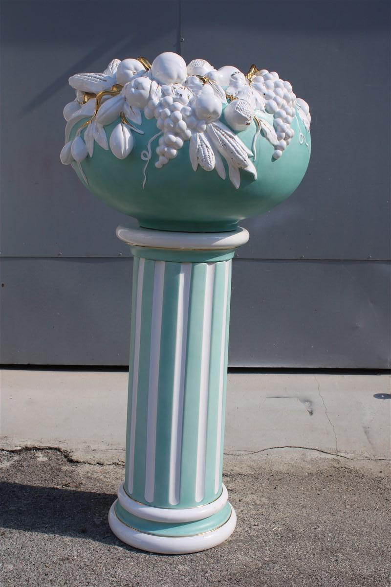 Italian Ceramic Column with Door Plant Fruit  White Green Flowers Tommaso Barbi, 1970s For Sale
