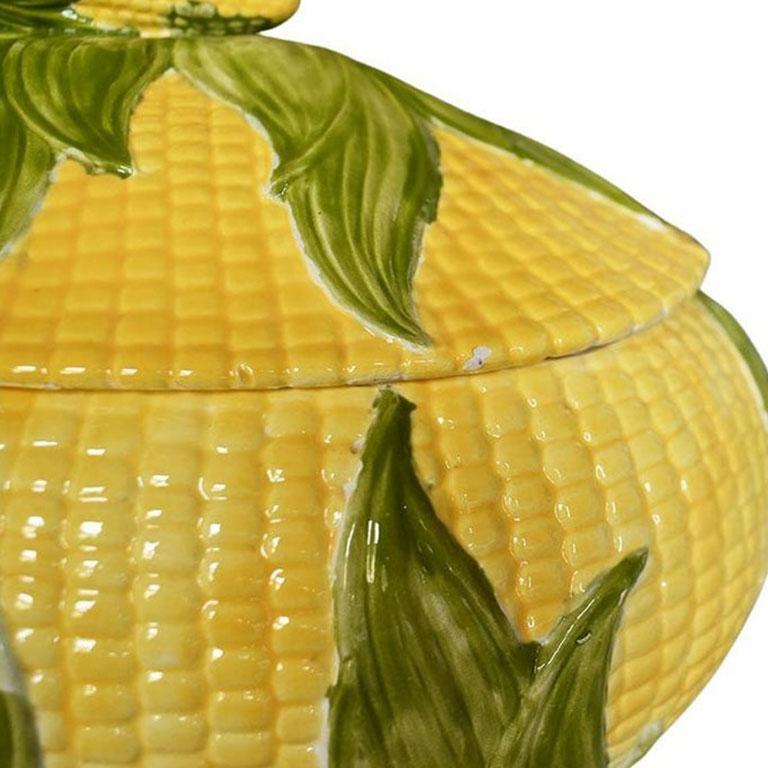 Mid-Century Modern Ceramic Corn Husk Covered Soup Serving Tureen in Yellow and Green, 1973 For Sale