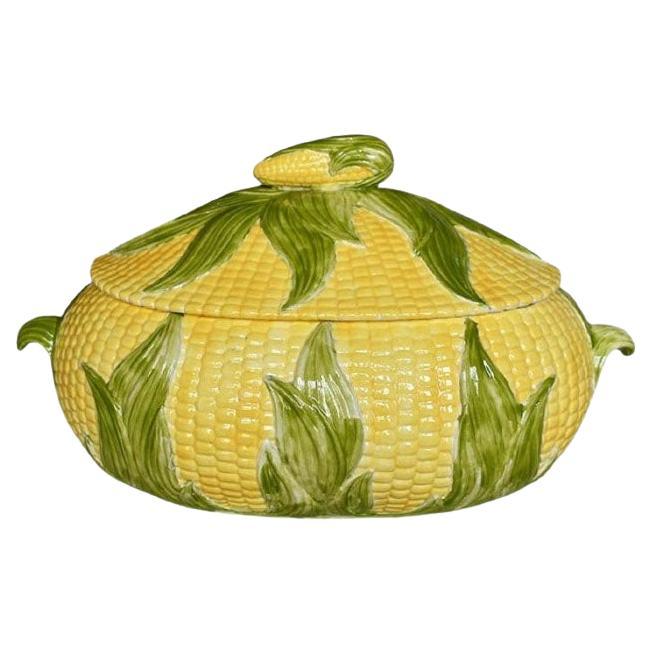 Ceramic Corn Husk Covered Soup Serving Tureen in Yellow and Green, 1973 For Sale