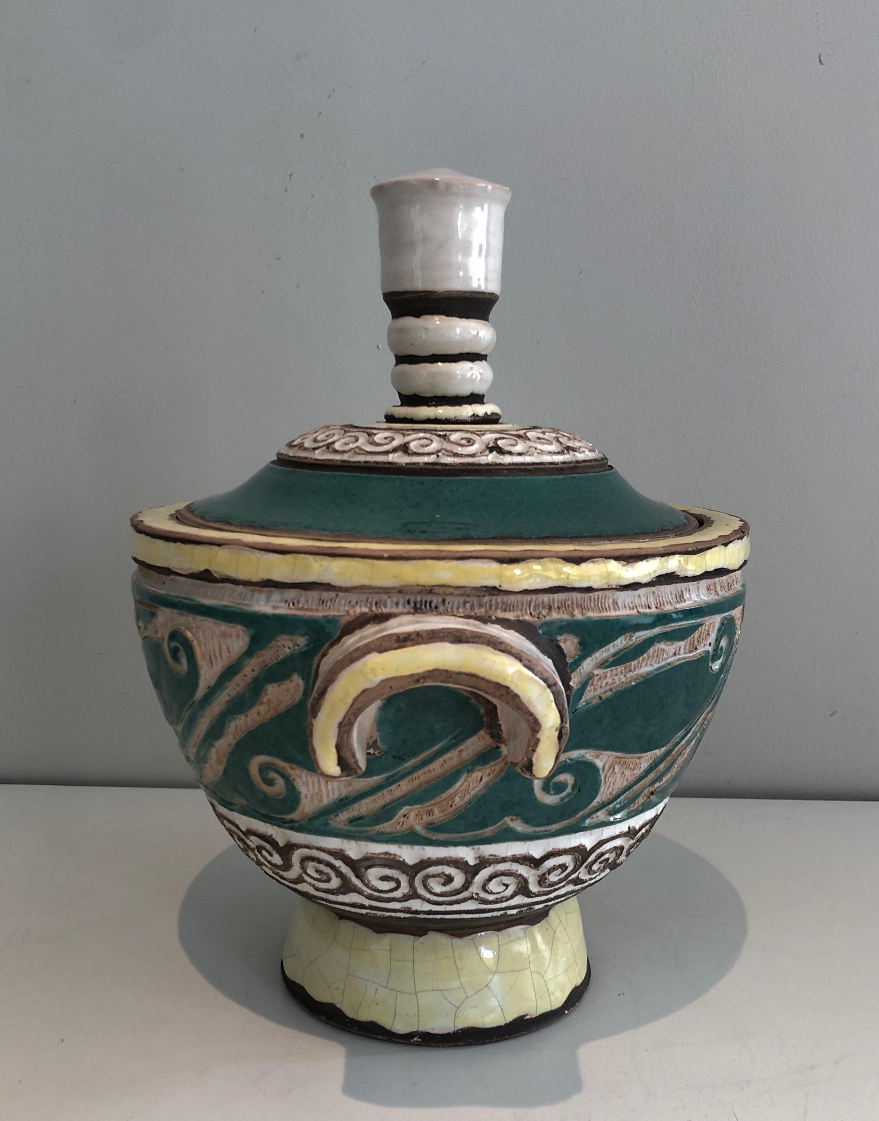 Mid-Century Modern Ceramic cover pot signed Paul Dordet (1896-1996). French work. Circa 1970 For Sale