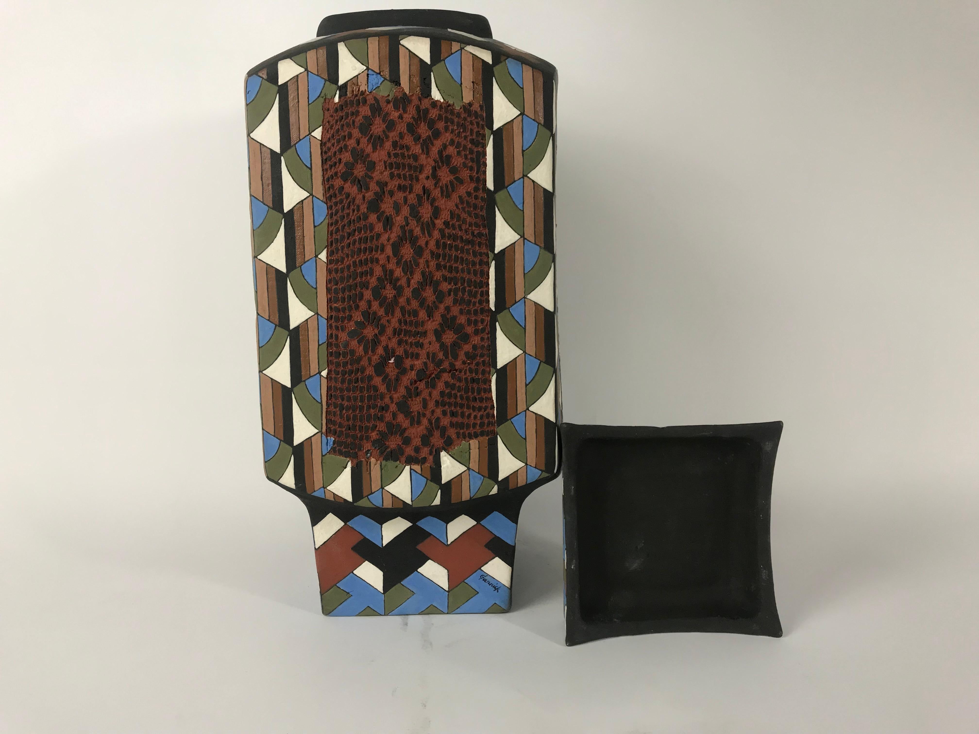 Contemporary Ceramic Covered Cubist Vase/Pot by Phillip and Marilyn Garnick