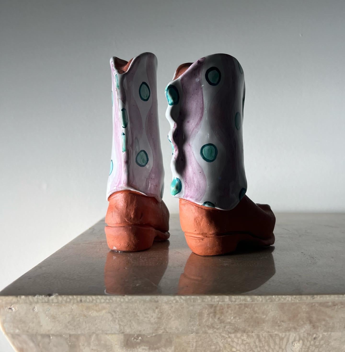 Glazed Huge Ceramic Cowboy Boots Salt&Pepper Shakers, Signed by Artist, 20th Century
