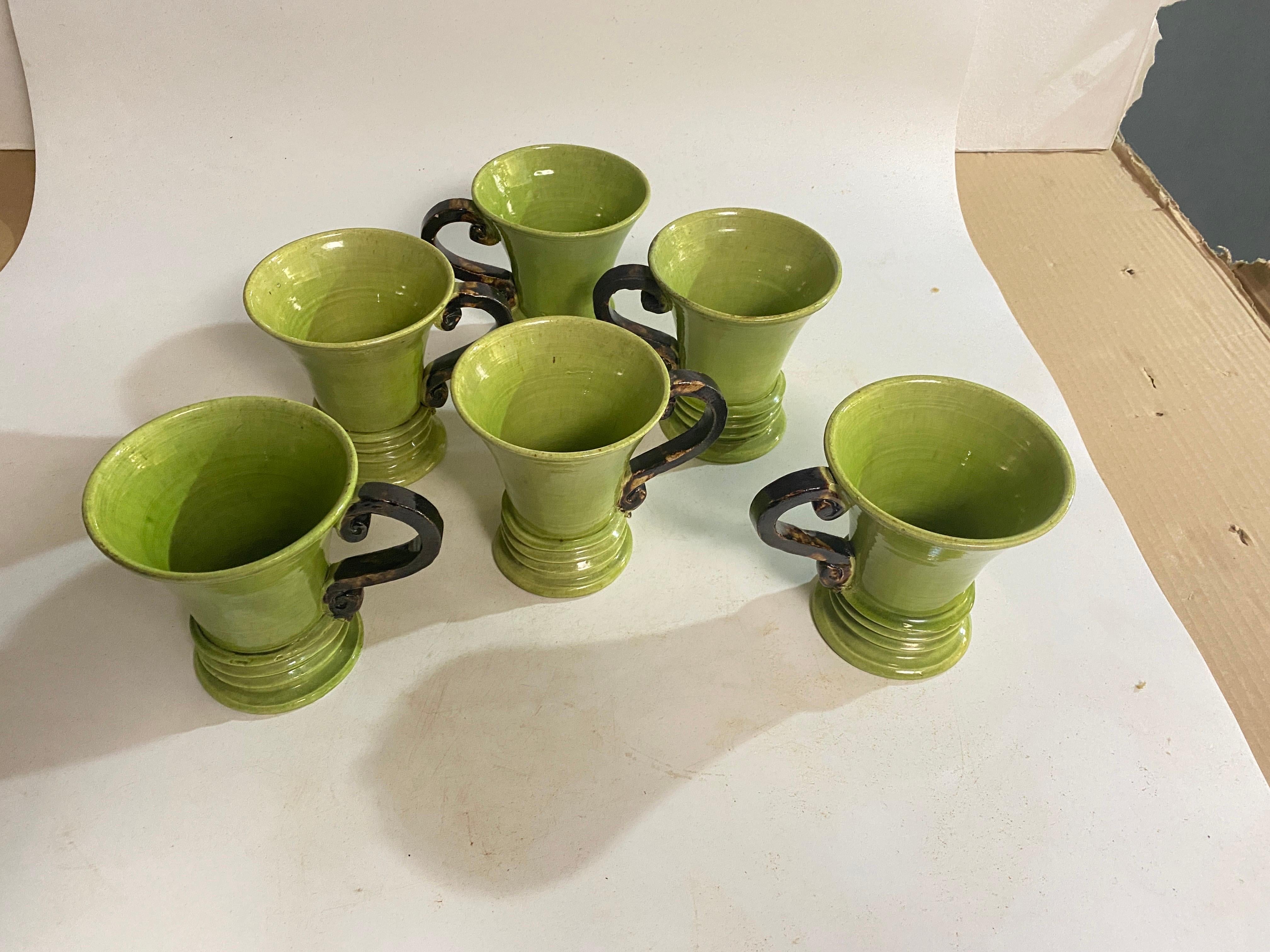 Ceramic Cups Hand Made Green and Brown Color France 20th Century For Sale 3