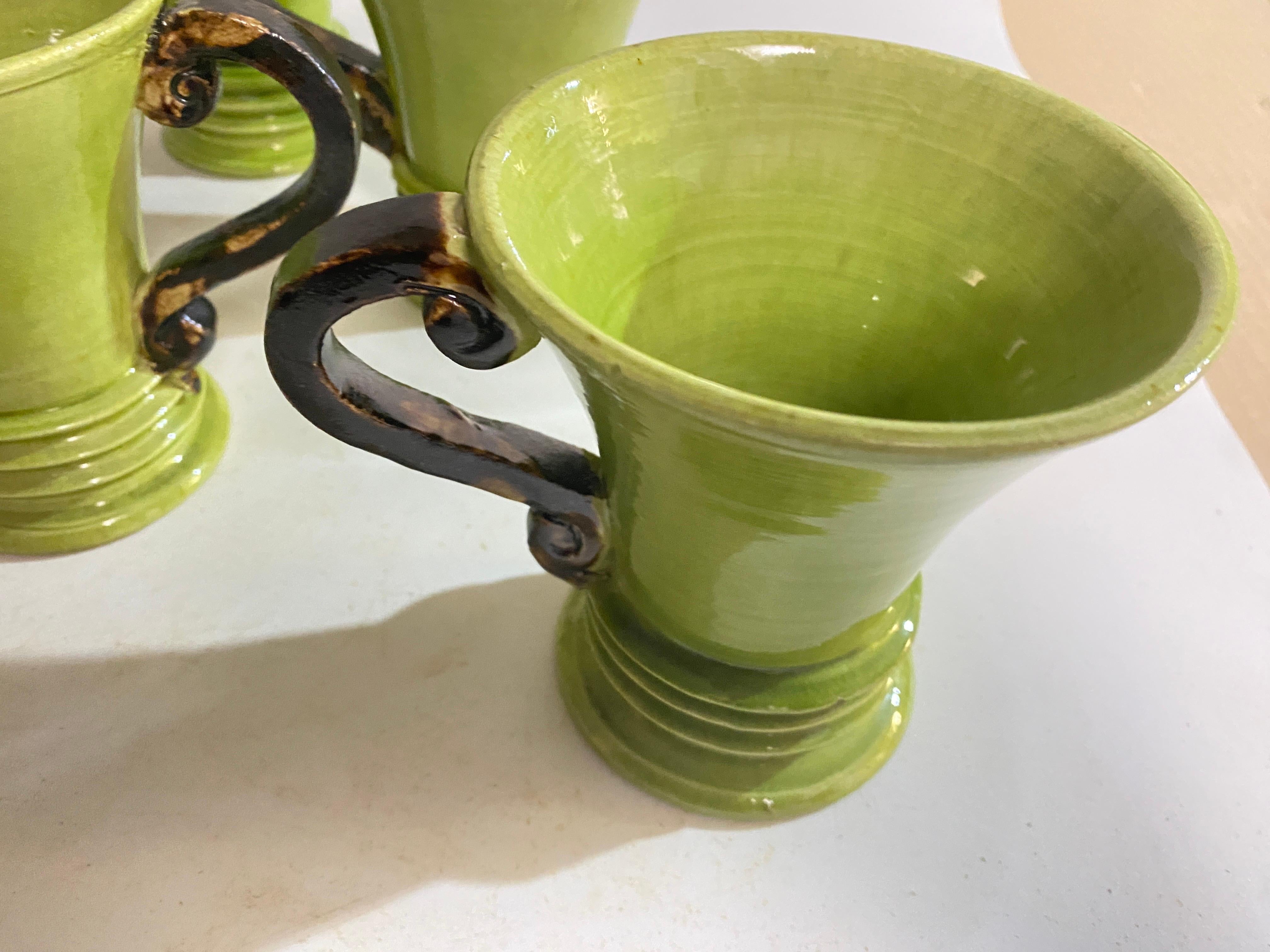 Ceramic Cups Hand Made Green and Brown Color France 20th Century For Sale 4