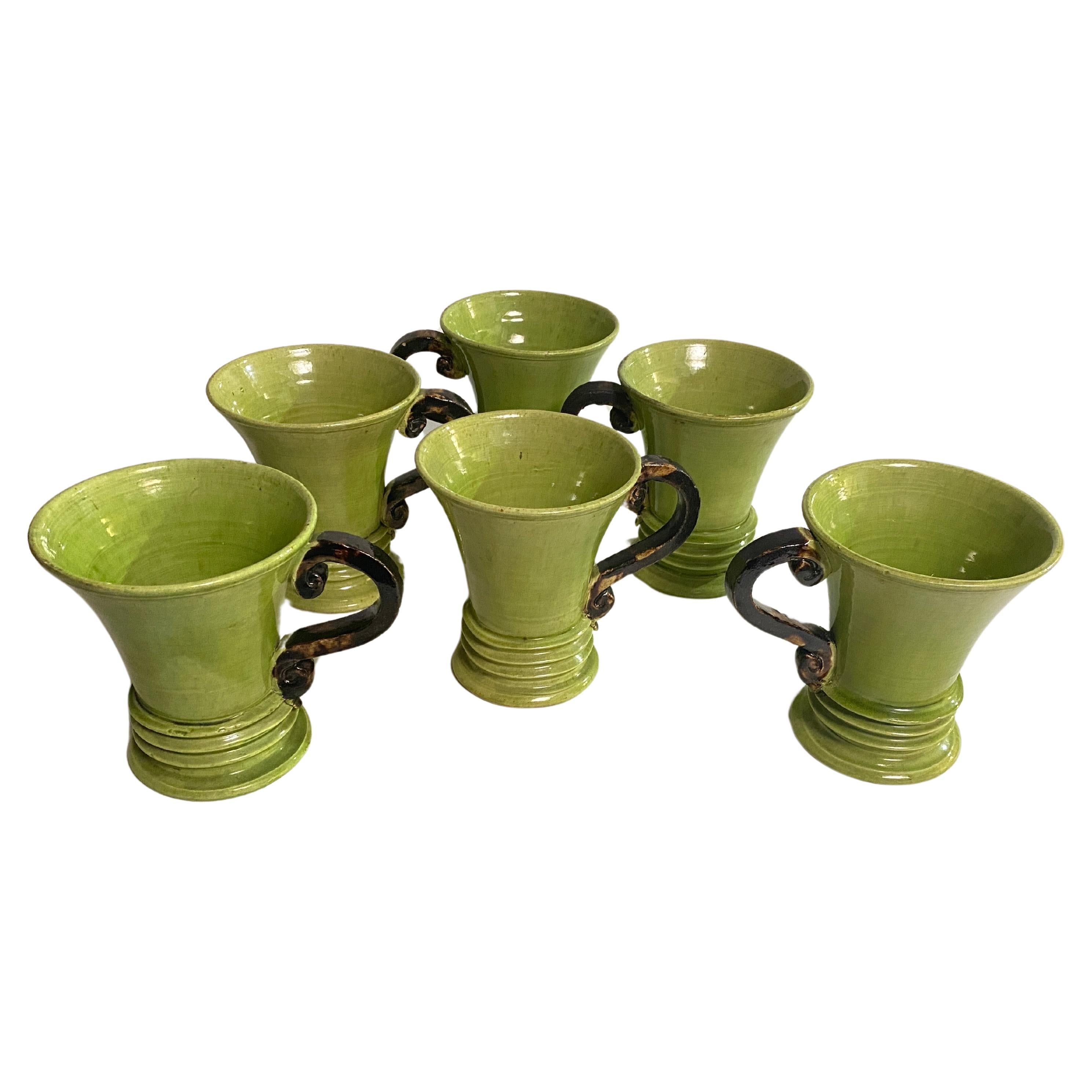 Ceramic Cups Hand Made Green and Brown Color France 20th Century For Sale