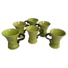 Vintage Ceramic Cups Hand Made Green and Brown Color France 20th Century