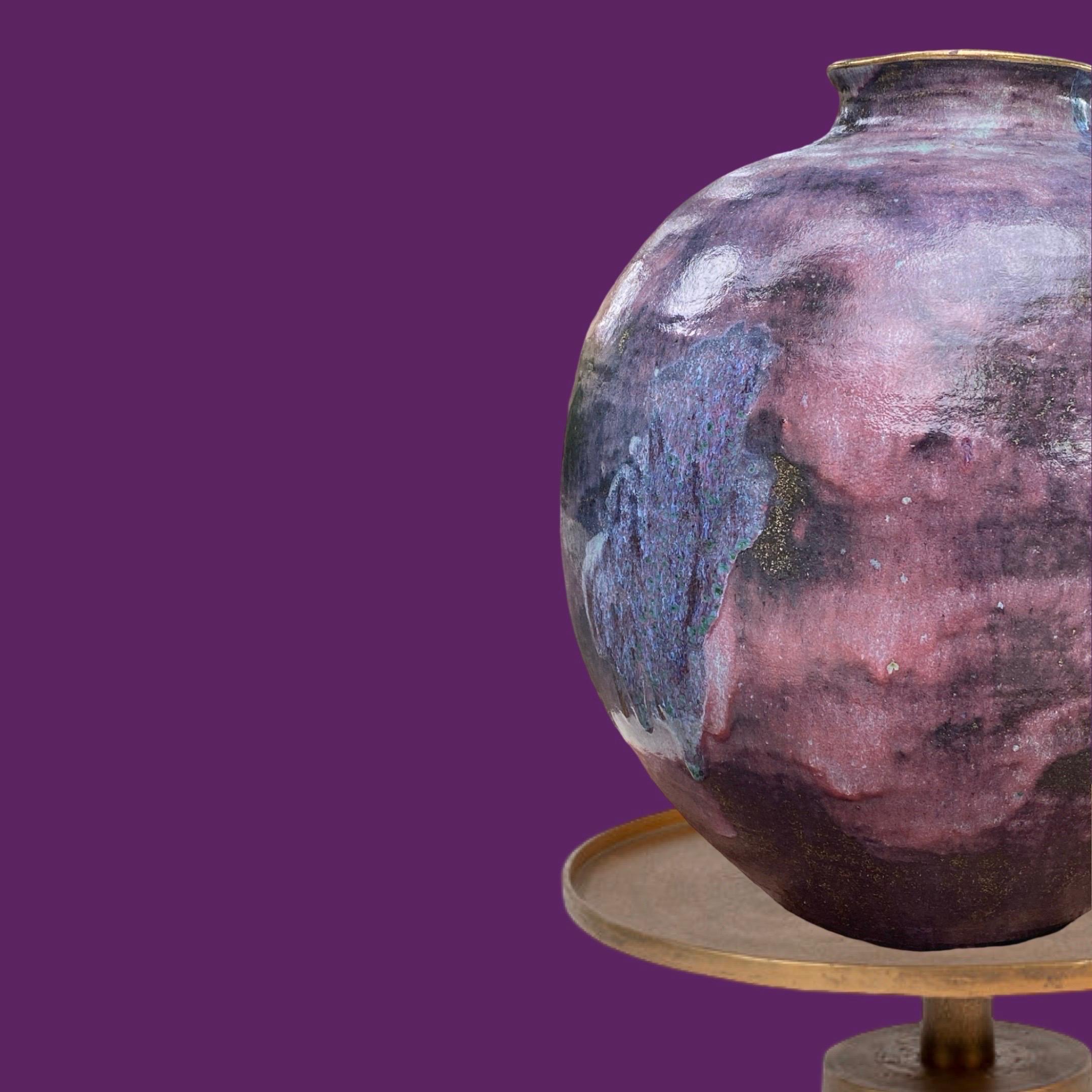 Ceramic Custom Made Large Urn 1980s Purple, Lavender & Teal Glaze Gold Trim For Sale 2